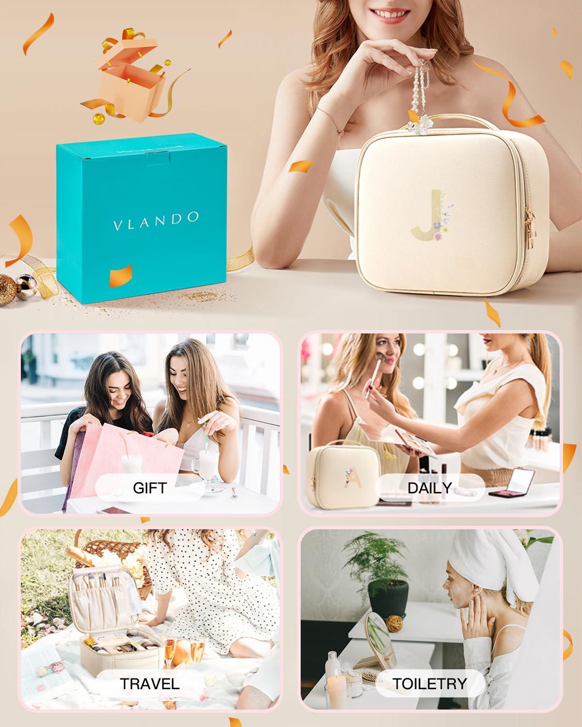 Vlando Regalos de boda para novia, bolsa de almacenamiento de maquillaje inicial, bolsa de cosméticos de viaje para mujeres, regalos de cumpleaños