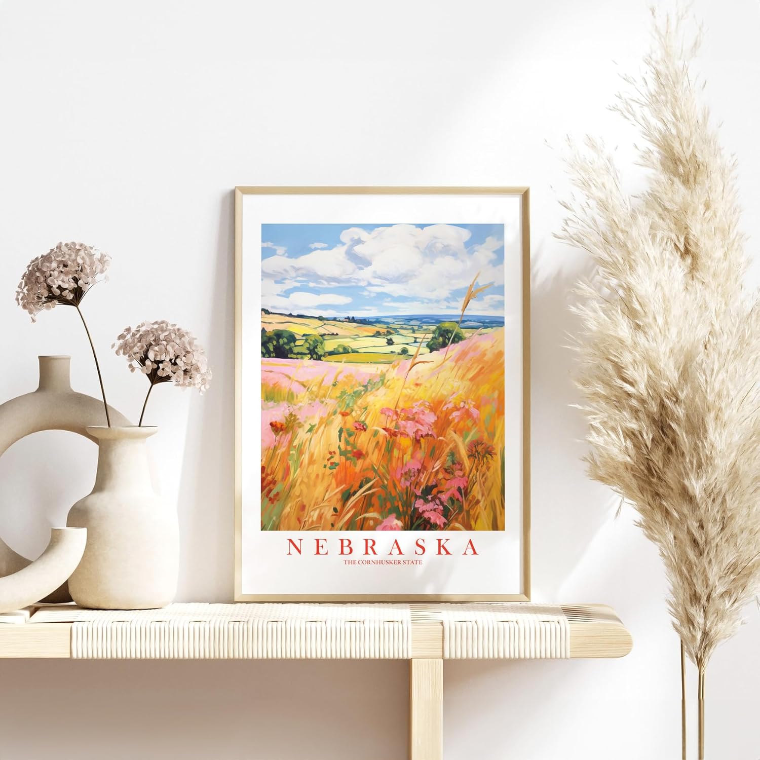 Nebraska Travel Print Cornhusker State Souvenir Yellow Orange Pink Wall Art Retro Poster Scenic Landscape Painting (8×10 inches)