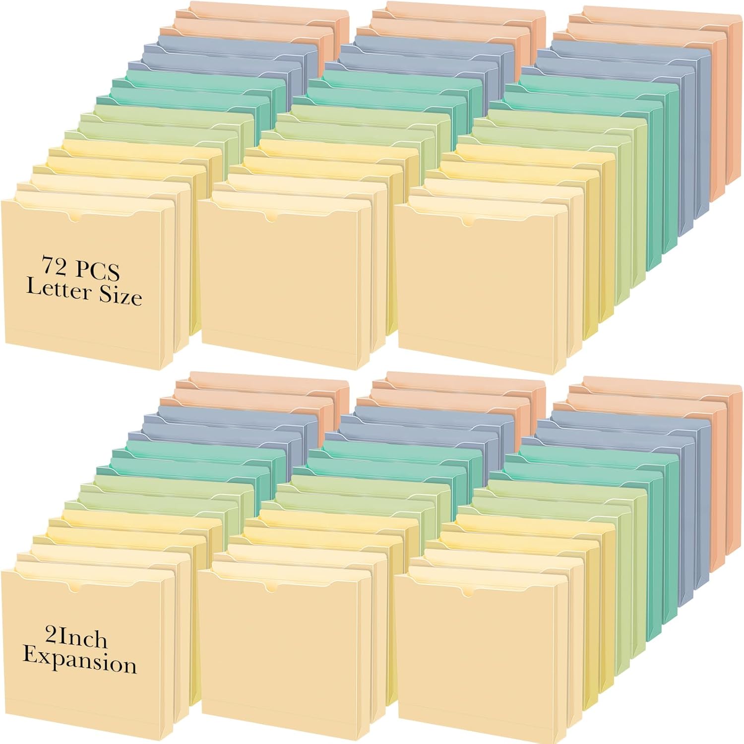 72 carpetas de archivos de bolsillo expandibles, tamaño carta, archivo de expansión de 2 pulgadas, pestañas de corte recto, carpetas de archivos