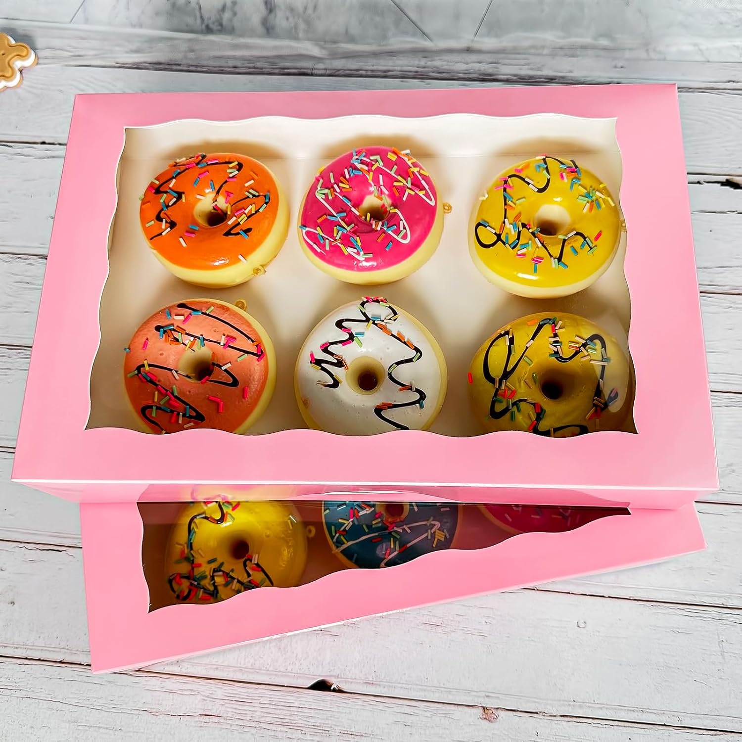 Paquete de 15 cajas de pastelería rosa para panadería de 12 x 8 x 2.5 pulgadas, donas grandes, magdalenas, cajas de galletas con ventana de PVC,