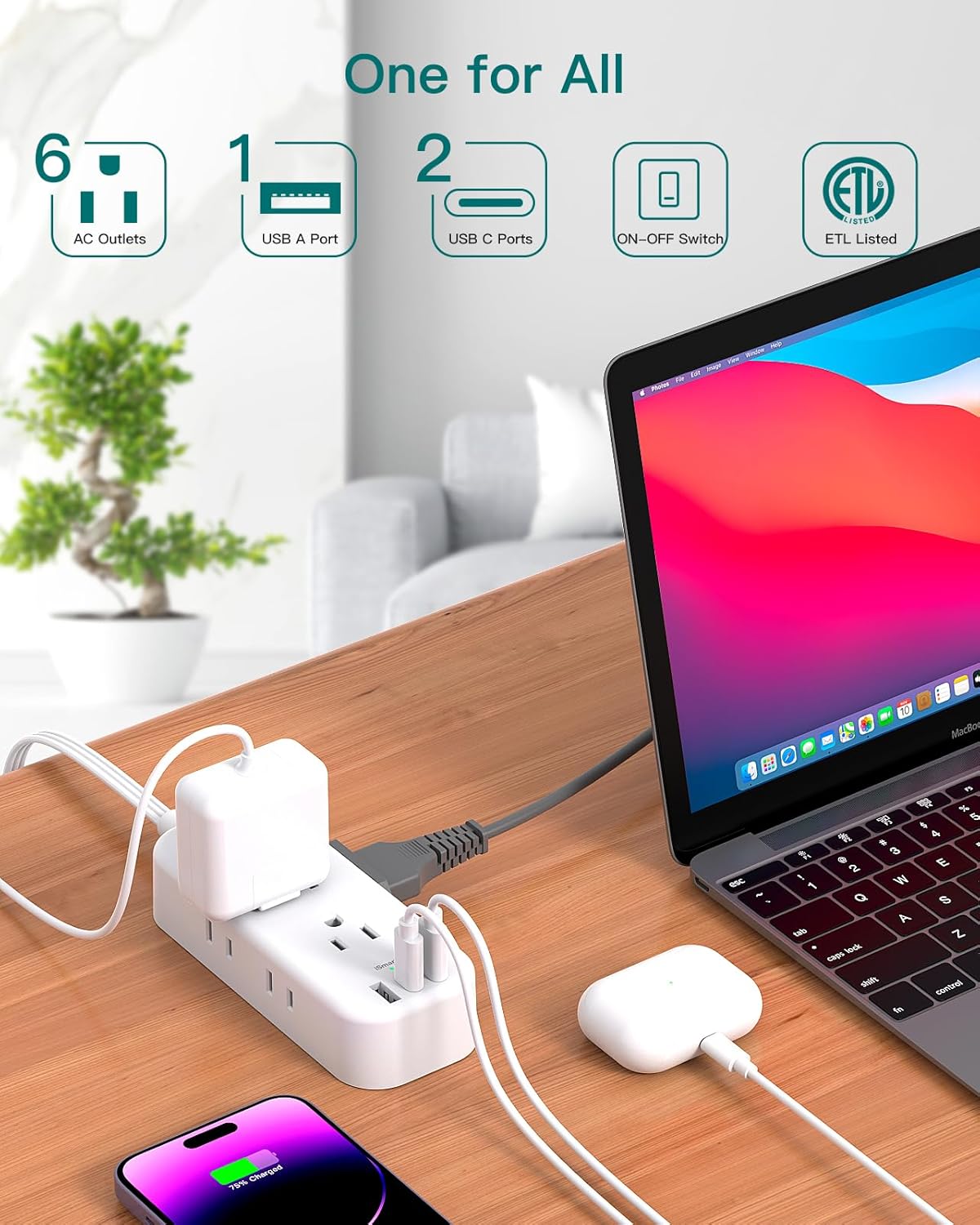 Regleta de alimentación de viaje con USB, cable de extensión de enchufe plano, 6 tomas, 3 puertos USB (2 USB-C), extensor de salida con cable de