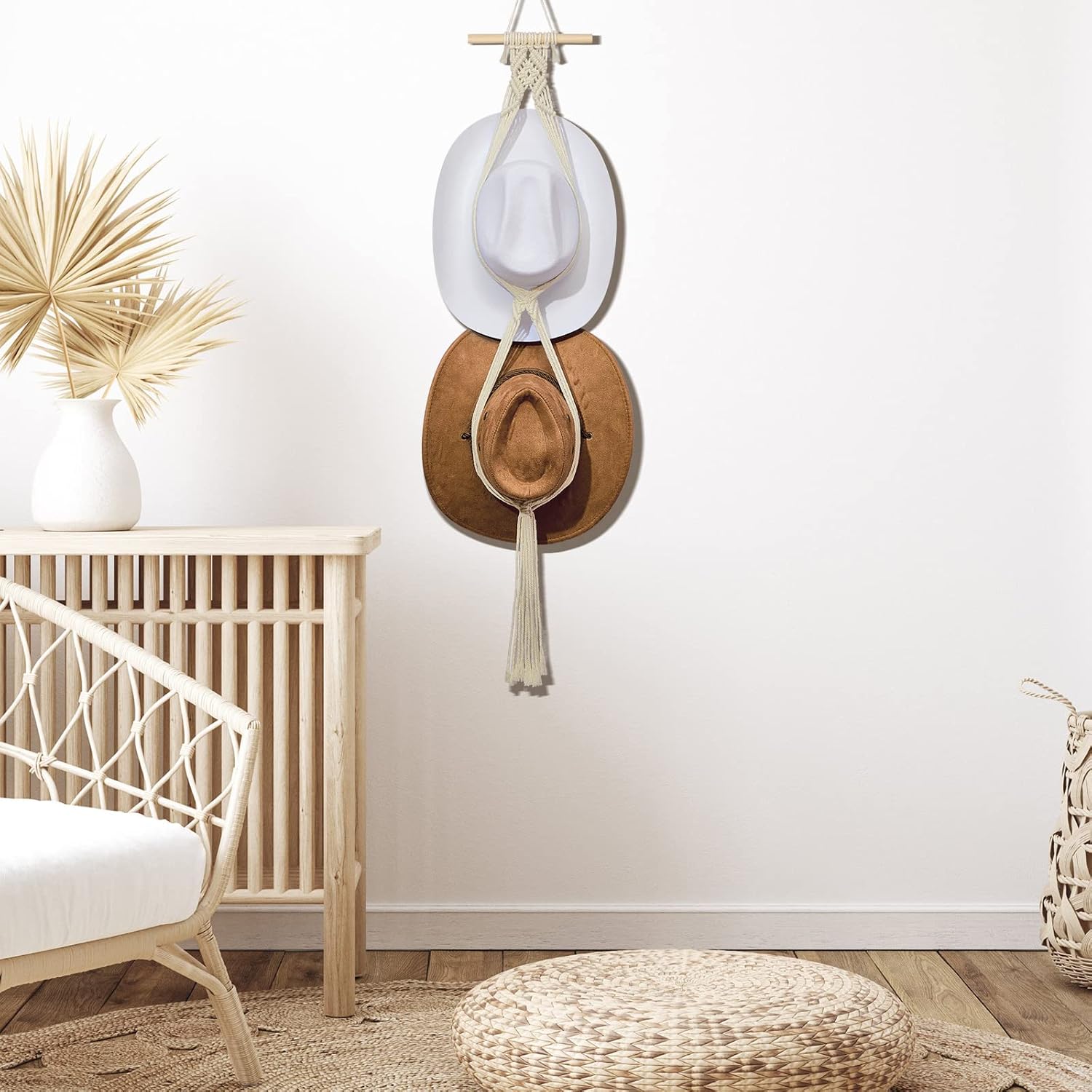 Perchas de macramé para sombreros, estilo bohemio, para colgar sombreros de vaquero, organizador para la parte trasera de la puerta (blanco, estilo