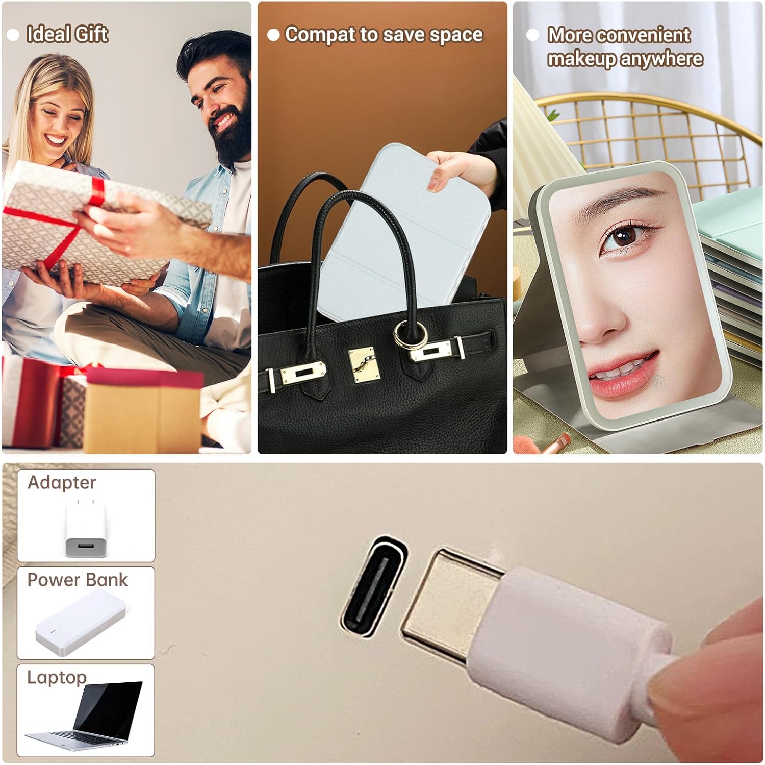 GcSige Espejo de tocador de viaje recargable con luces, espejo de belleza de maquillaje iluminado portátil, 3 modos de iluminación de color,