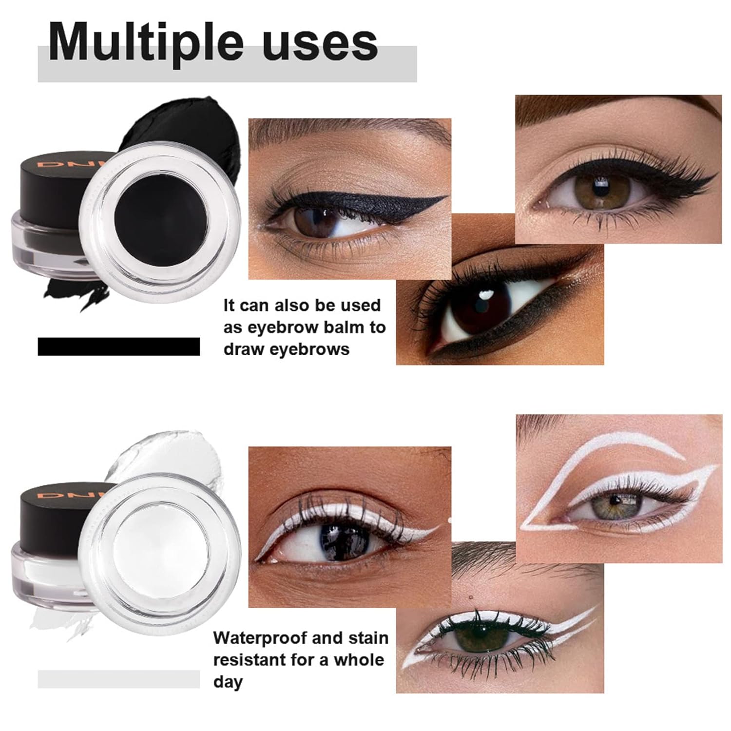 IONSGAKO Juego de crema delineador de ojos de gel blanco y negro, crema para cejas no se decolora fácilmente, de larga duración, impermeable, 2 en