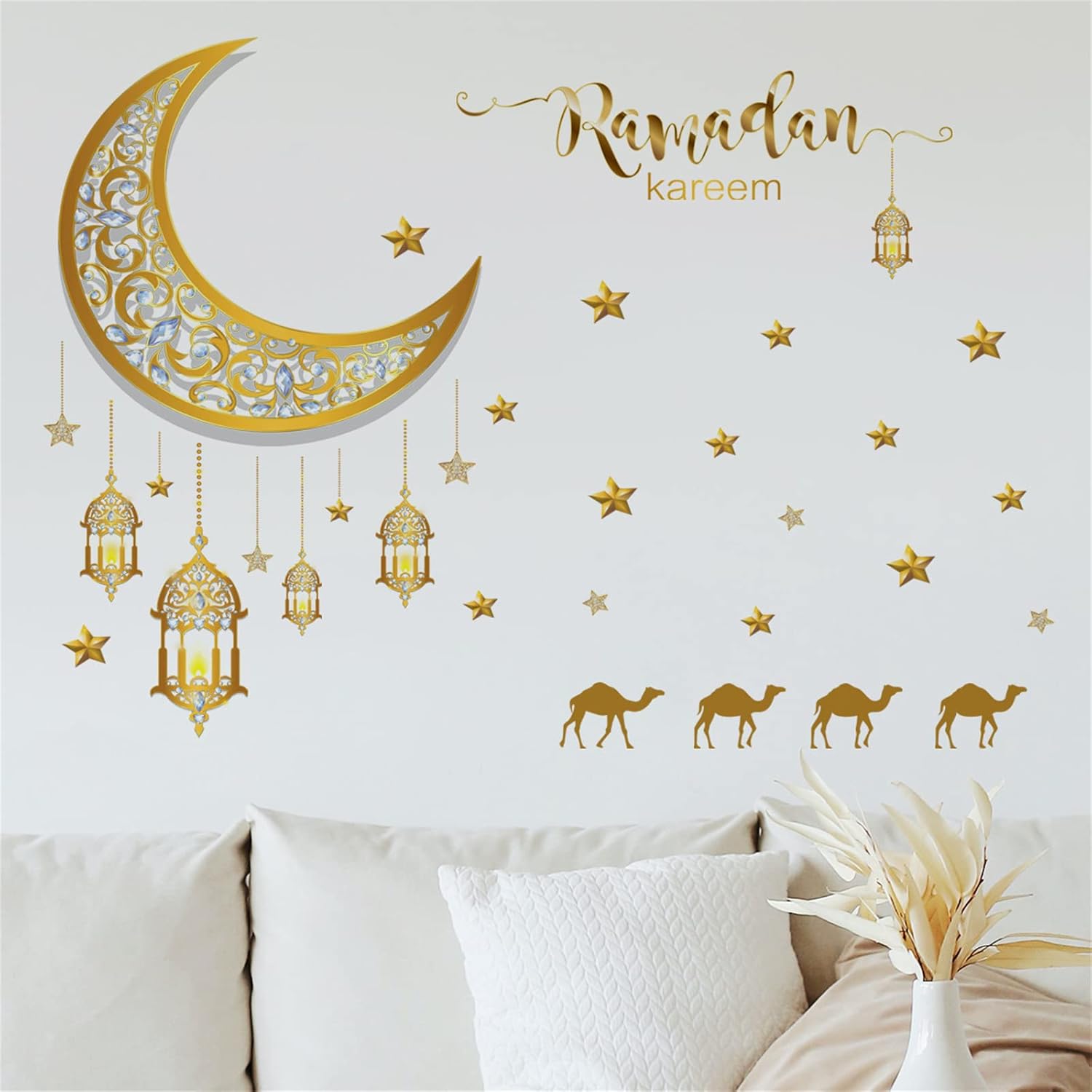 Calcomanías de pared de luna Ramadán Kareem lámpara de estrella amarilla camello, calcomanías de pared removibles para despegar y pegar, mural de