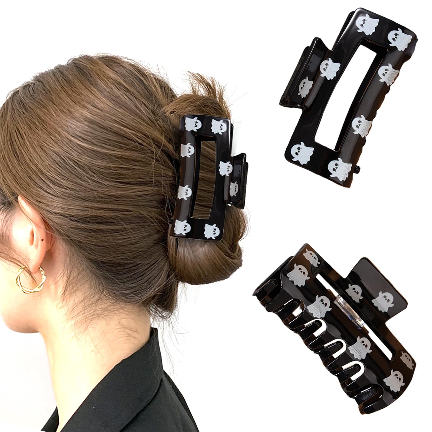 Pinzas cuadradas para el cabello de Halloween, pinzas de garra de tiburón ahuecadas negras, horquillas con bonito diseño de fantasma, accesorios