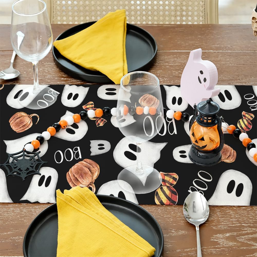 ARKENY Camino de mesa de Halloween de 13 x 120 pulgadas, calabaza espeluznante fantasma Candy Boo, arpillera de temporada para interiores, cocina,