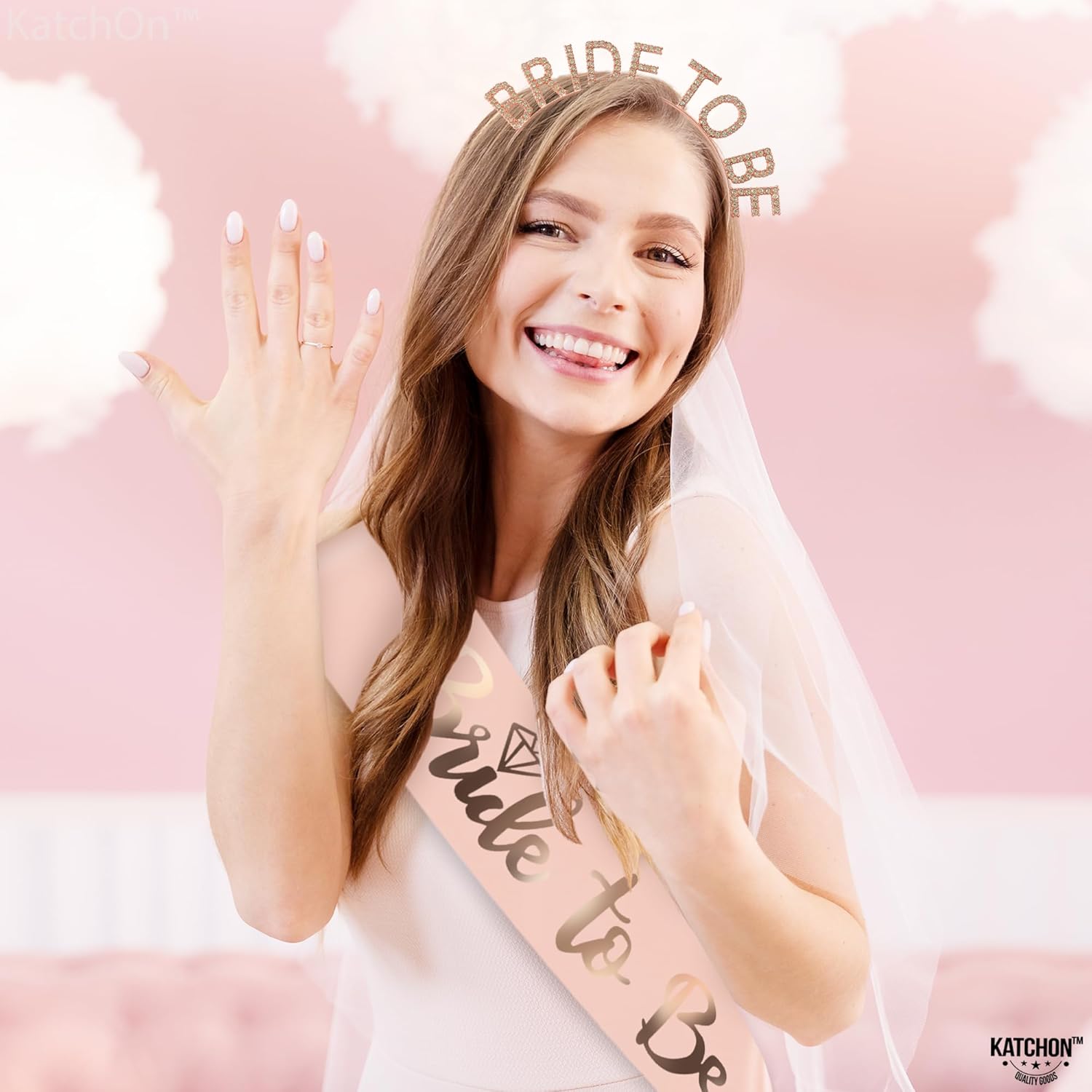 KatchOn, Banda y diadema de oro rosa para novia, paquete de 2, diadema de fiesta de novia para decoraciones de despedida de soltera, banda de