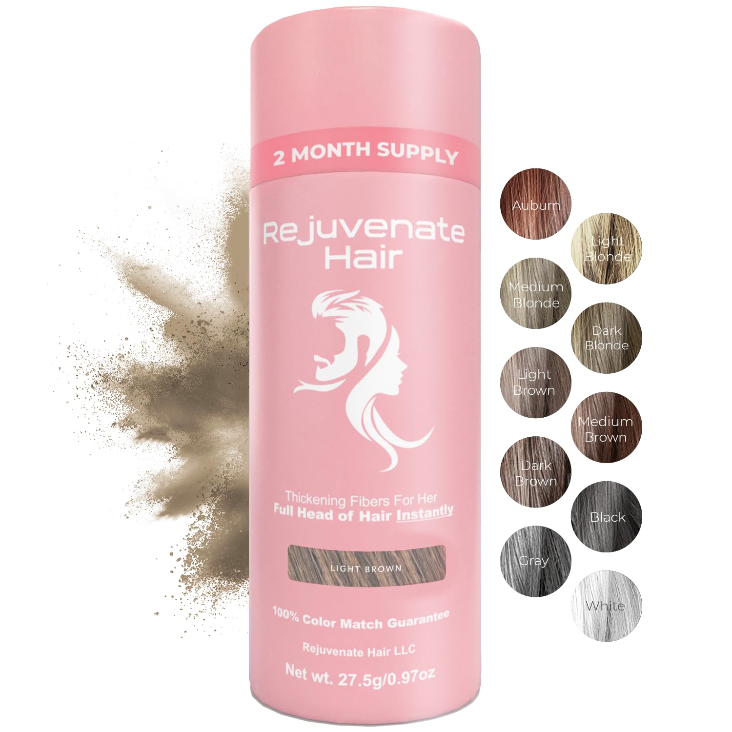 REJUVENATE Hair Fibras para adelgazar el cabello (marrón claro), polvo de cabello indetectable para mujeres y fibras 100% naturales para construir