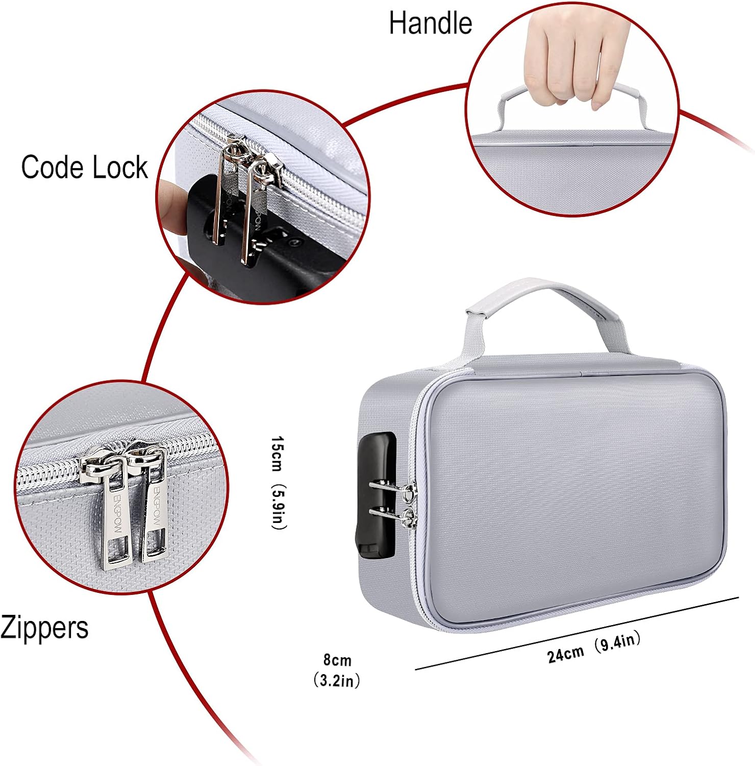 ENGPOW Pequeña funda organizadora de almacenamiento ignífuga con cerradura (9.4 x 5.9 x 3.2 pulgadas), 3 capas seguras para dinero, tarjeta,