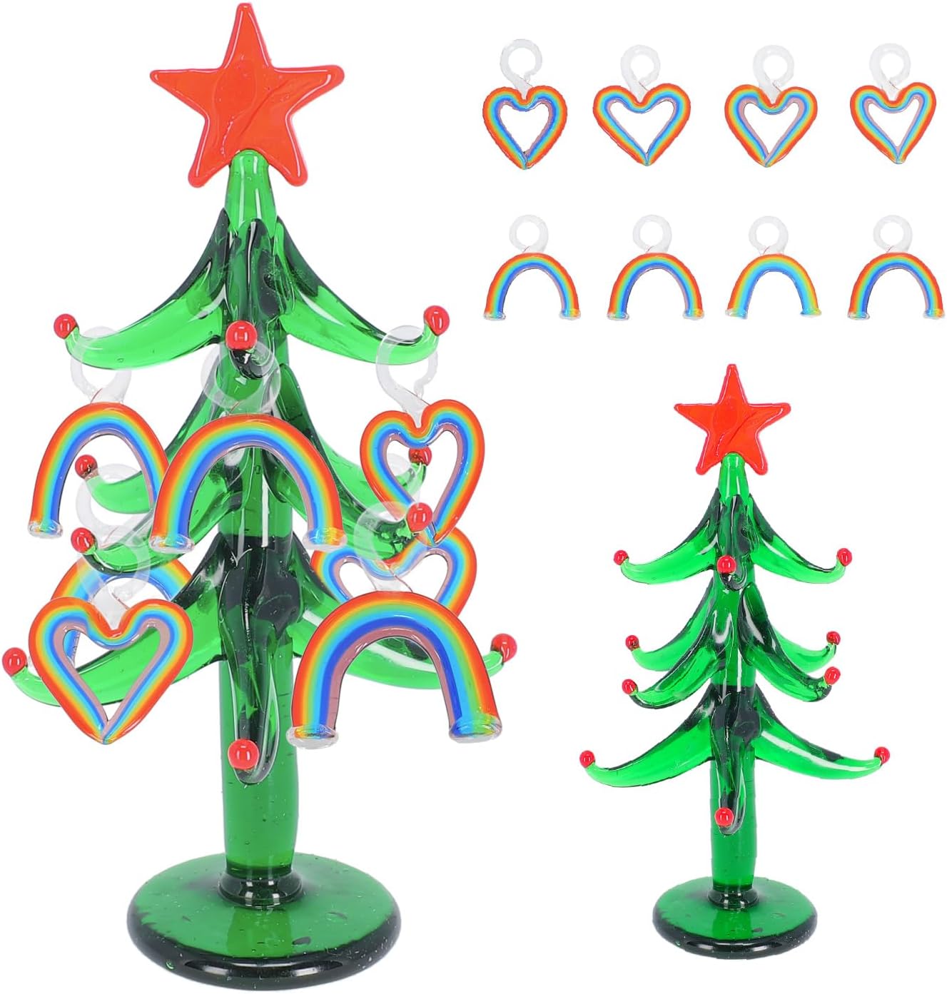 SWISS CHRISTMAS Love is Love – Árbol de Navidad de cristal hecho a mano de 6 pulgadas, 8 adornos de arcoíris y corazón en miniatura