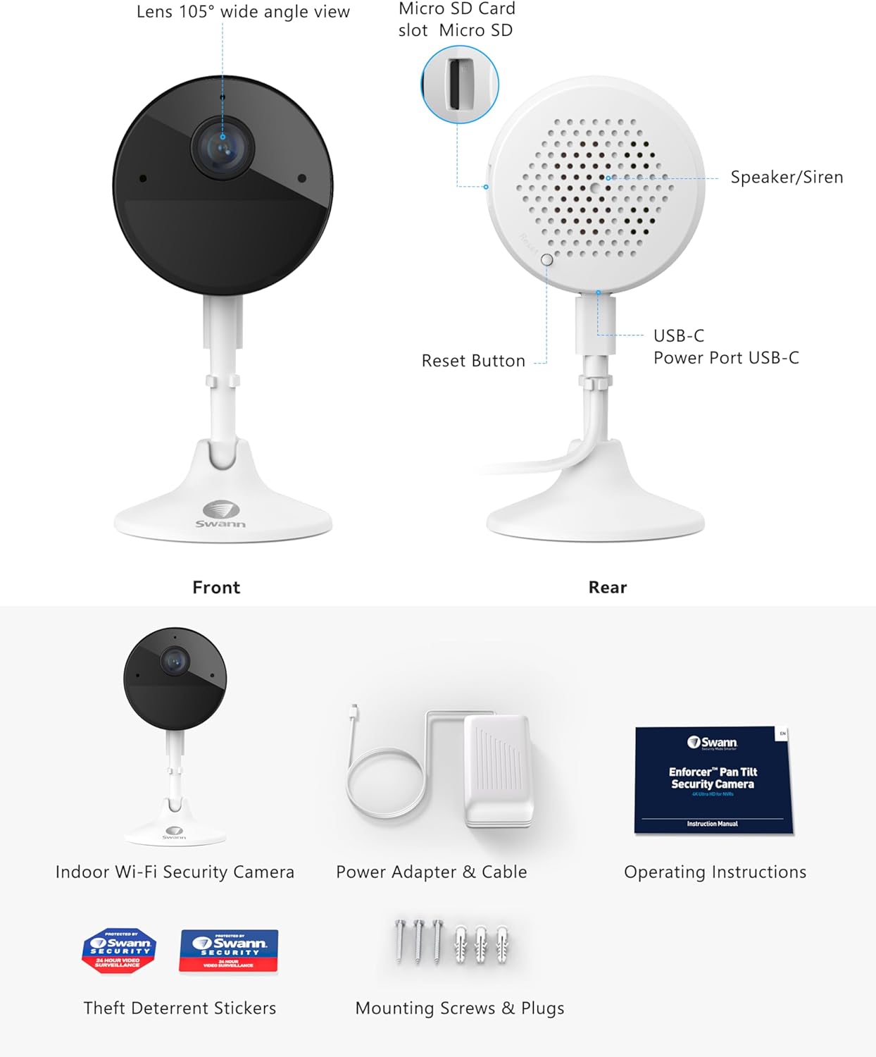 Swann Cámara de seguridad con monitor de bebé Wi-Fi, cámaras de vigilancia para el hogar 2K Quad HD con visión nocturna, conversación de 2 vías,