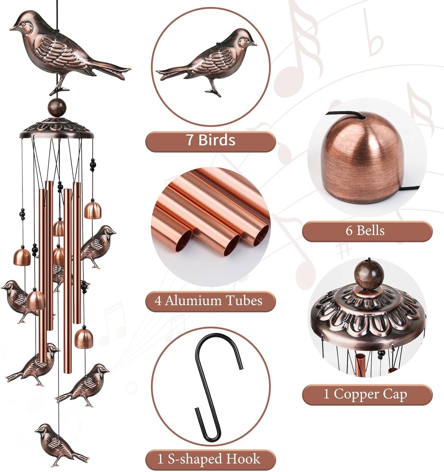 Campanillas de viento de pájaros para exteriores, campanas de viento decorativas con 4 tubos de aluminio para colgar, campanas de viento