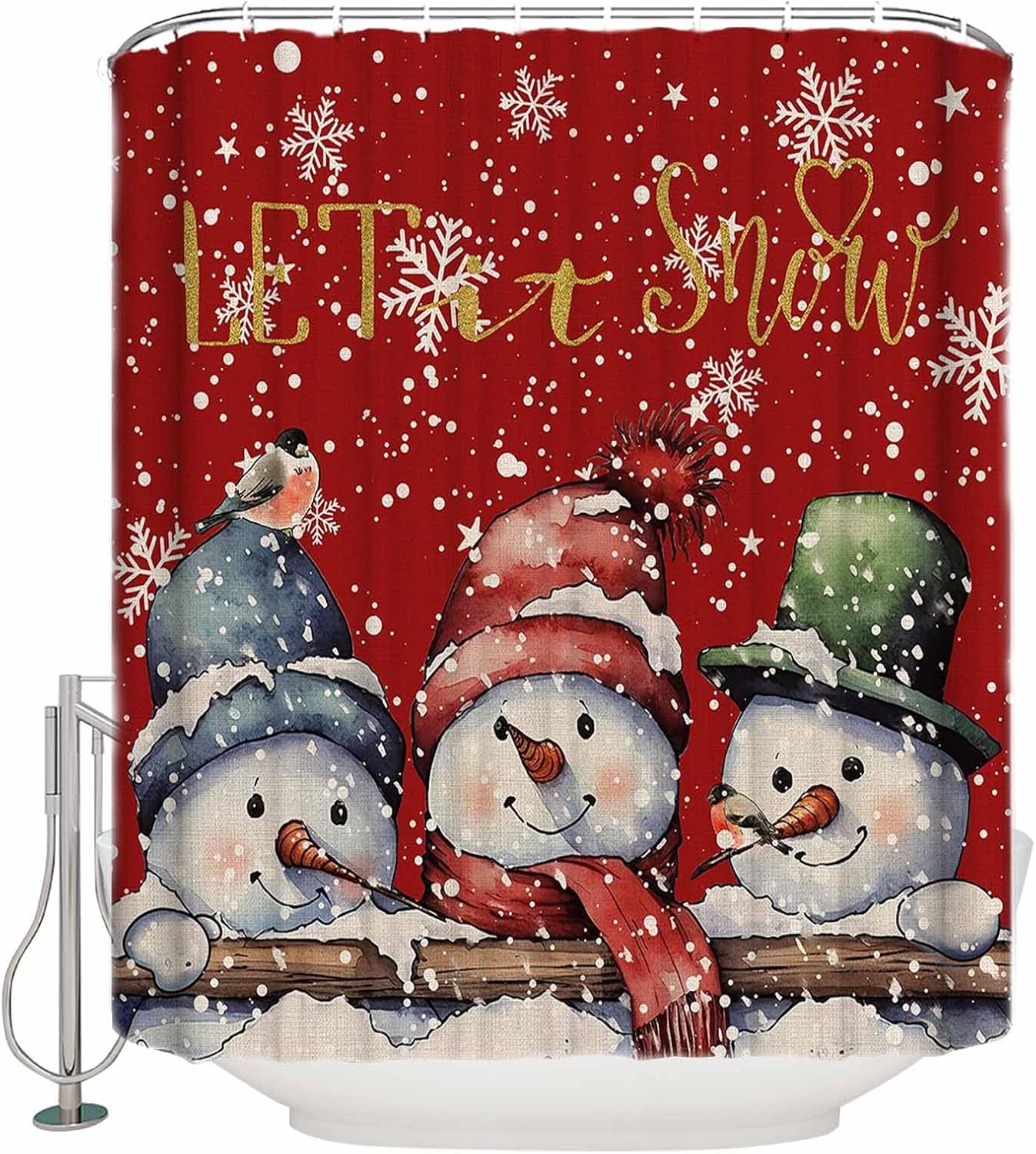 LBHAUSE Cortina de ducha de Navidad con diseño de muñeco de nieve rojo para baño, cortina de ducha de tela impermeable con copos de nieve en