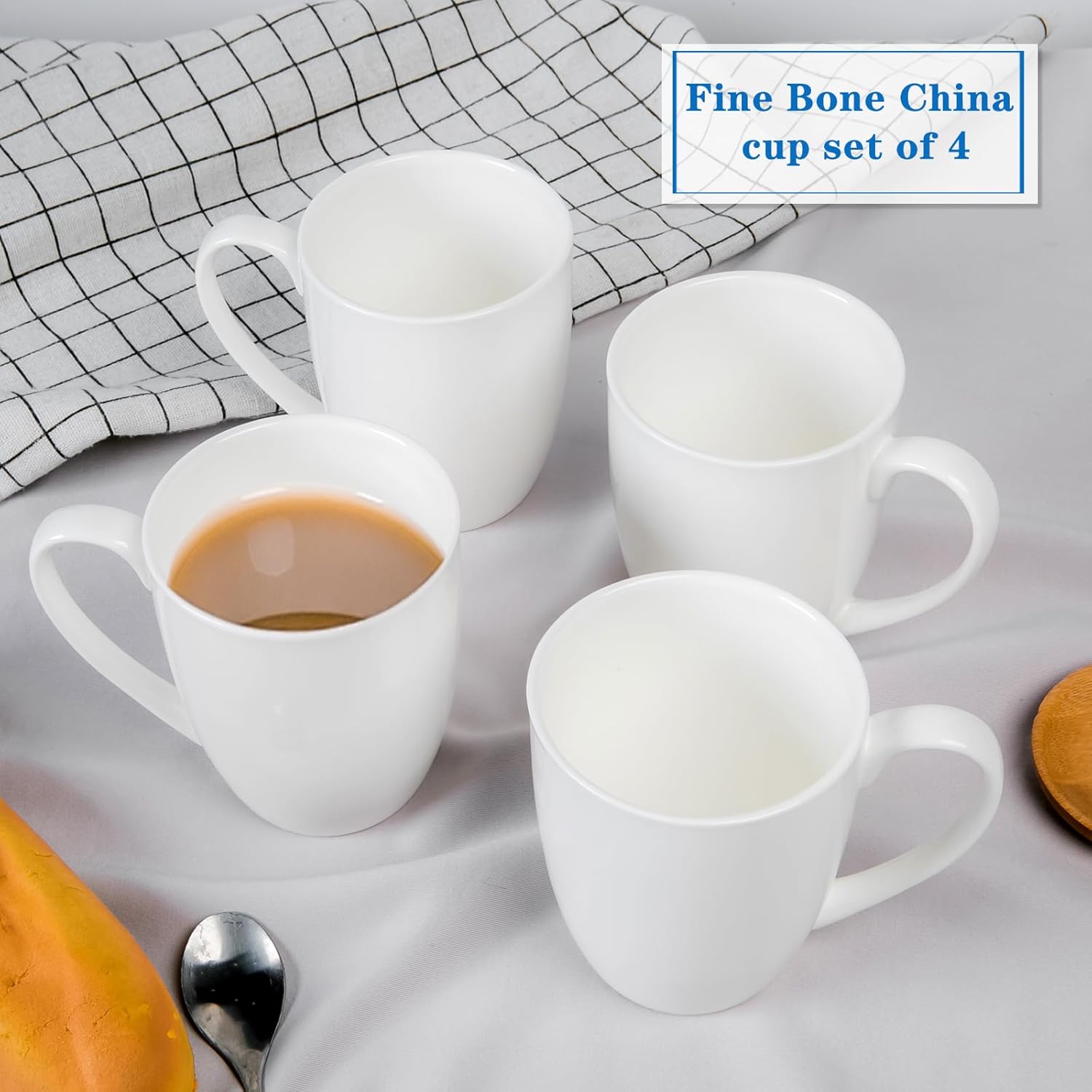 COSTMANCE Juego de 4 tazas de café de porcelana fina blanca, tazas de café blancas de 12 onzas, tazas de café elegantes y clásicas, tazas de té de