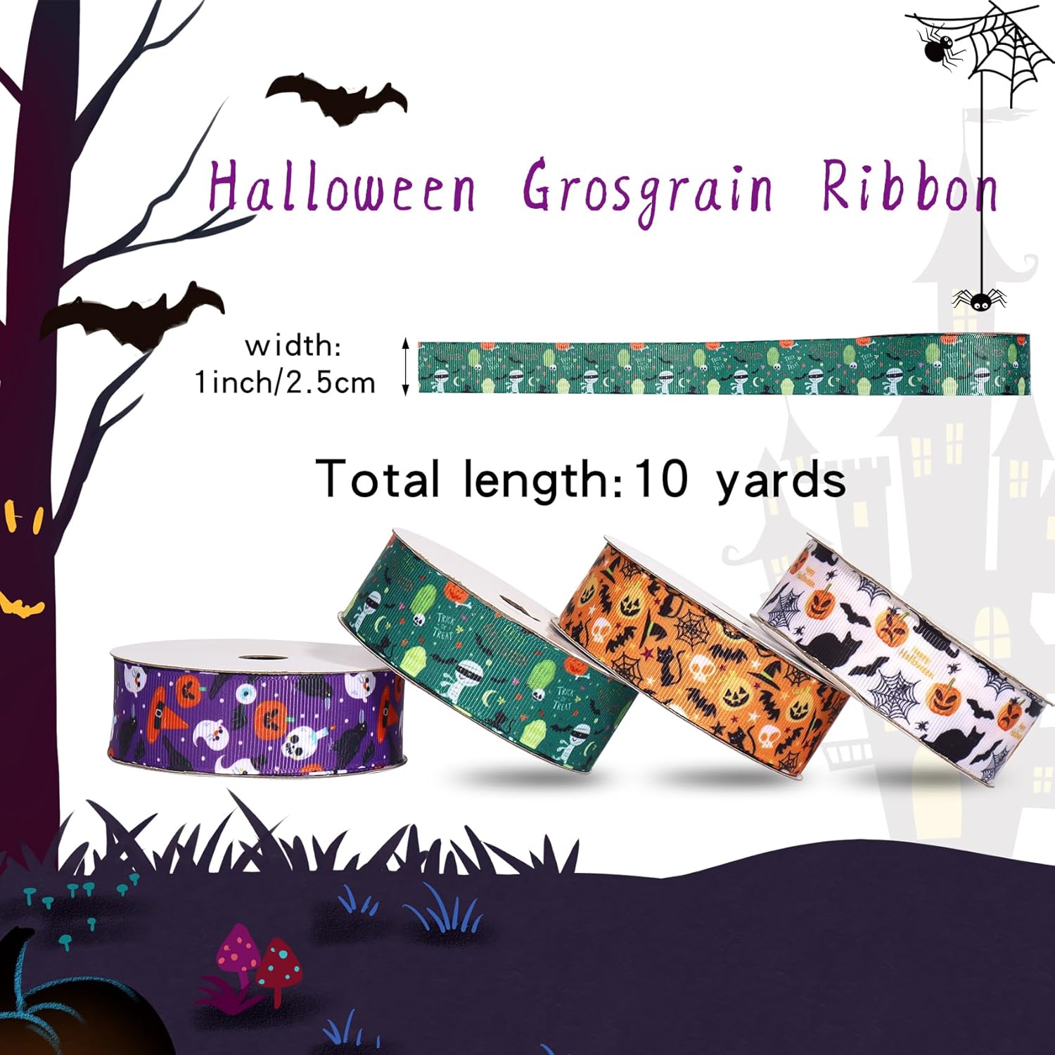Hiswan Cinta de grogrén de 1 pulgada para envolver regalos, decoración de Halloween, calabaza, gato negro, fantasma, manualidades, cinta fina para