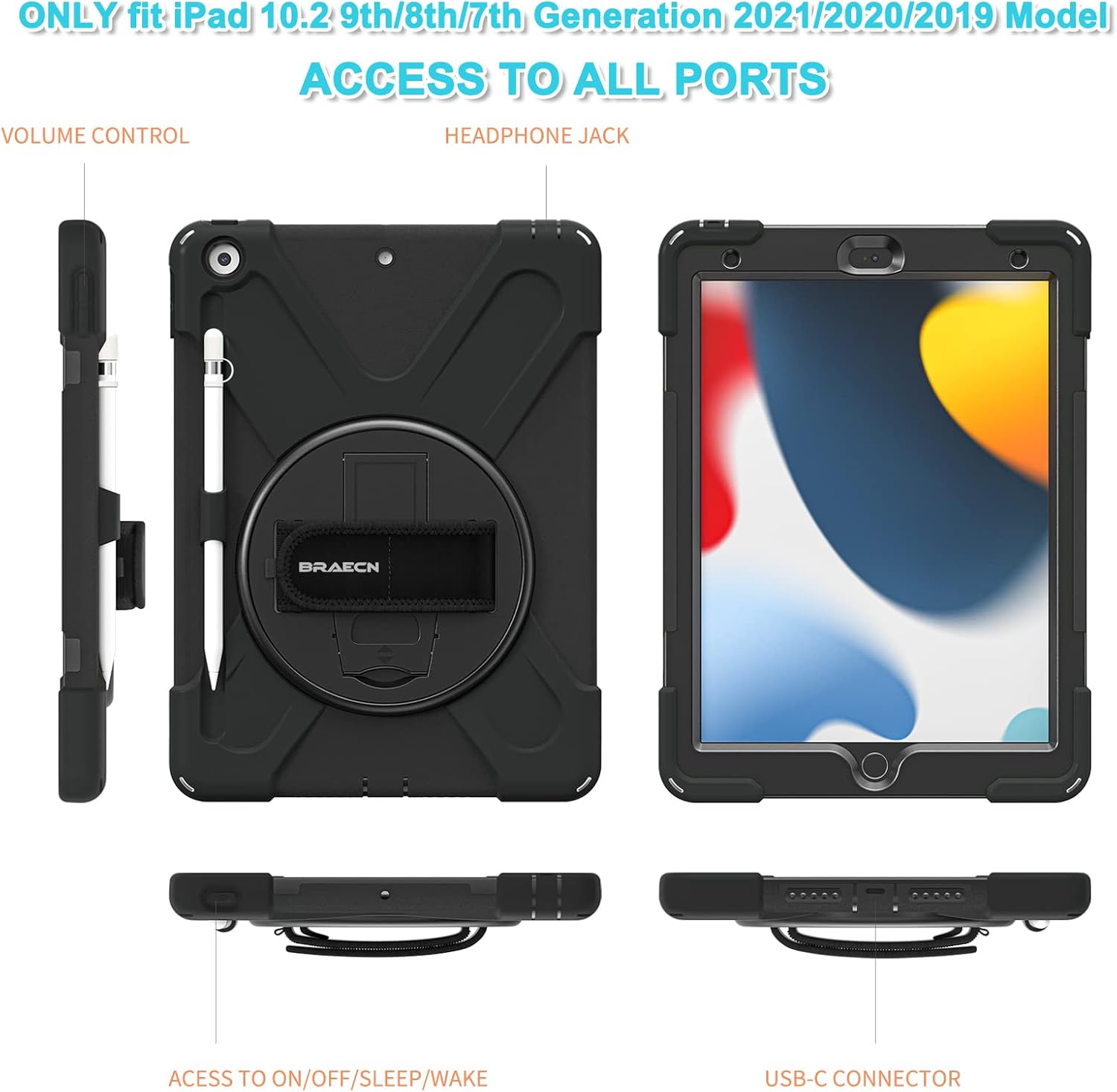 BRAECN Funda para iPad de 987 generación, resistente a los golpes, con protector de pantalla, soporte para lápices, soporte para tapa de lápiz,