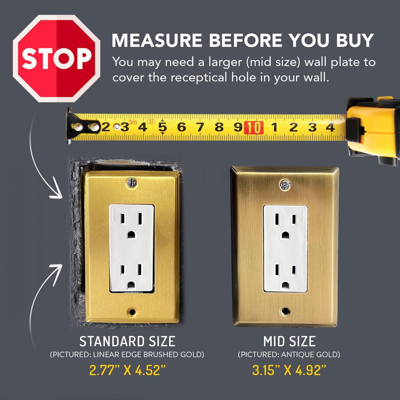 Rio Salto Placa de pared de metal dorado para interruptor de luz o cubierta de enchufe, resistente a la corrosión, cubierta de pared de un solo