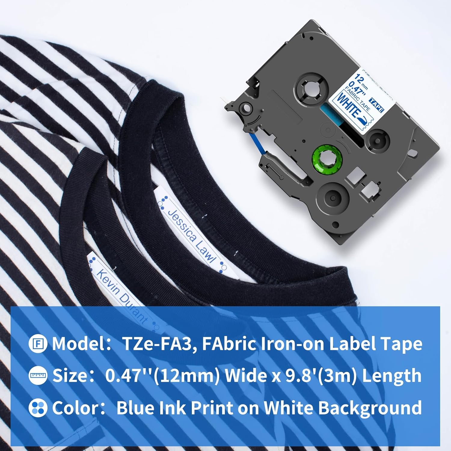 COLORWING Cinta de tela de repuesto para Brother TZe-FA3 TZe-FA3 azul sobre blanco TZ 0.472 in 0.47 pulgadas, para rotuladora Brother Ptouch PTD400