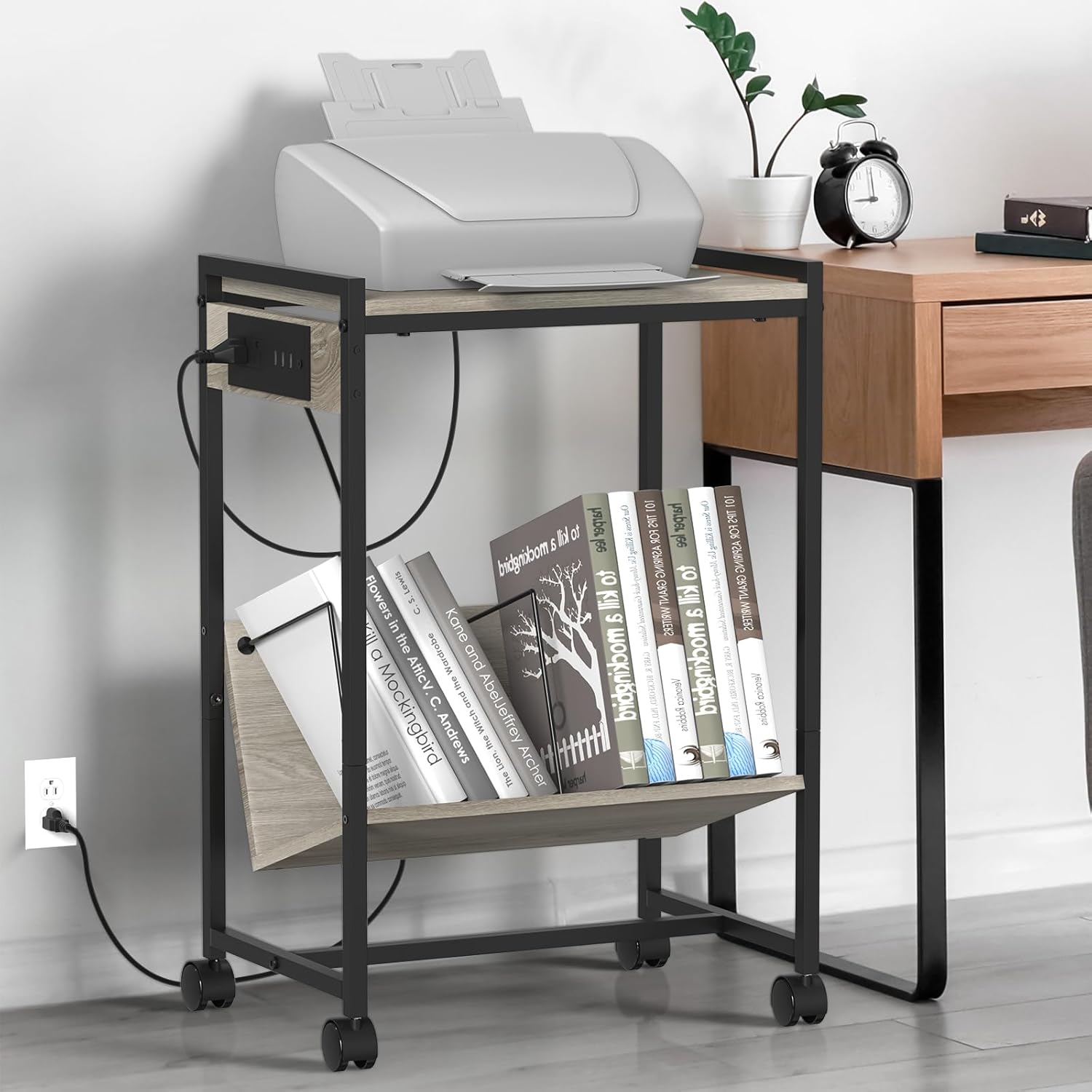 NOVIMANGO Soporte para tocadiscos, mesa auxiliar gris con estación de carga, soporte giratorio con almacenamiento de discos de vinilo, mesa auxiliar