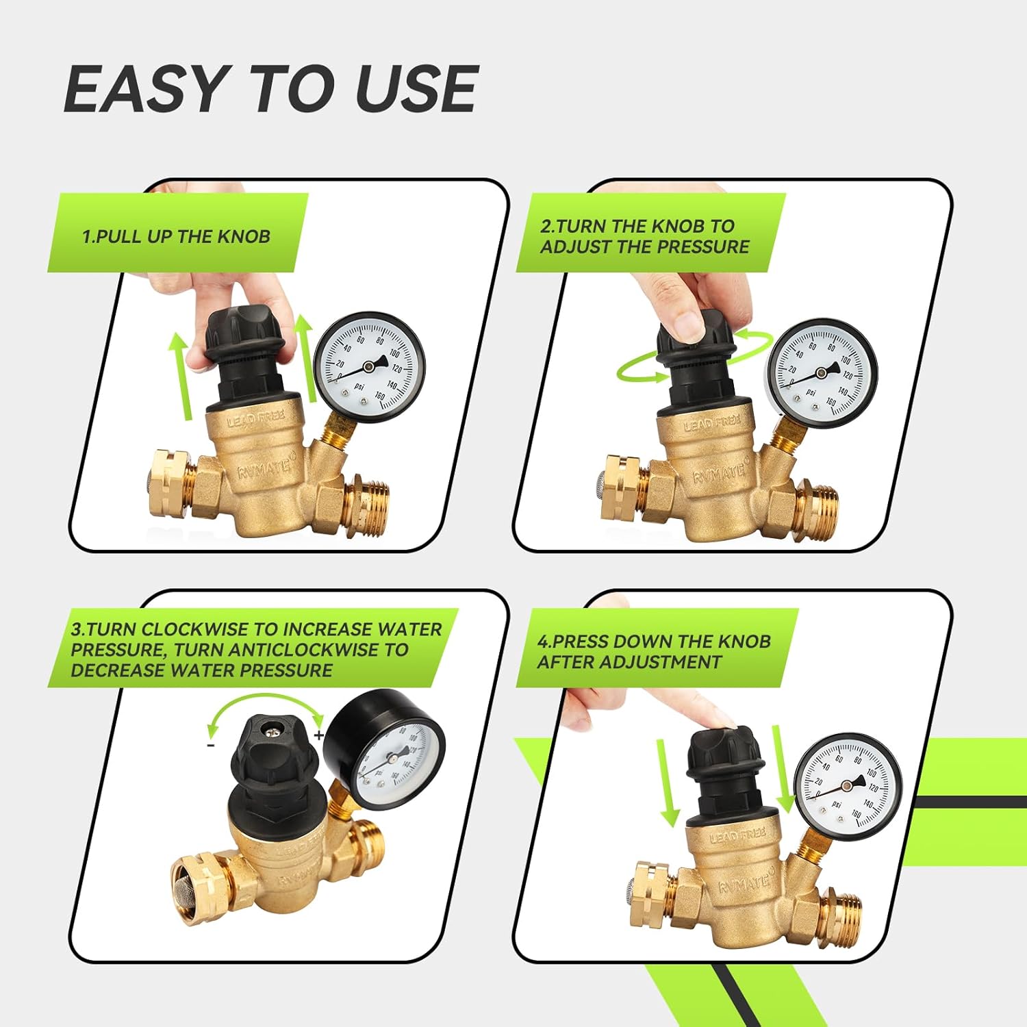 RVMATE Regulador de presión de agua RV con perilla ajustable, kit reductor de presión de agua de latón sin plomo, válvula ajustable con filtro de