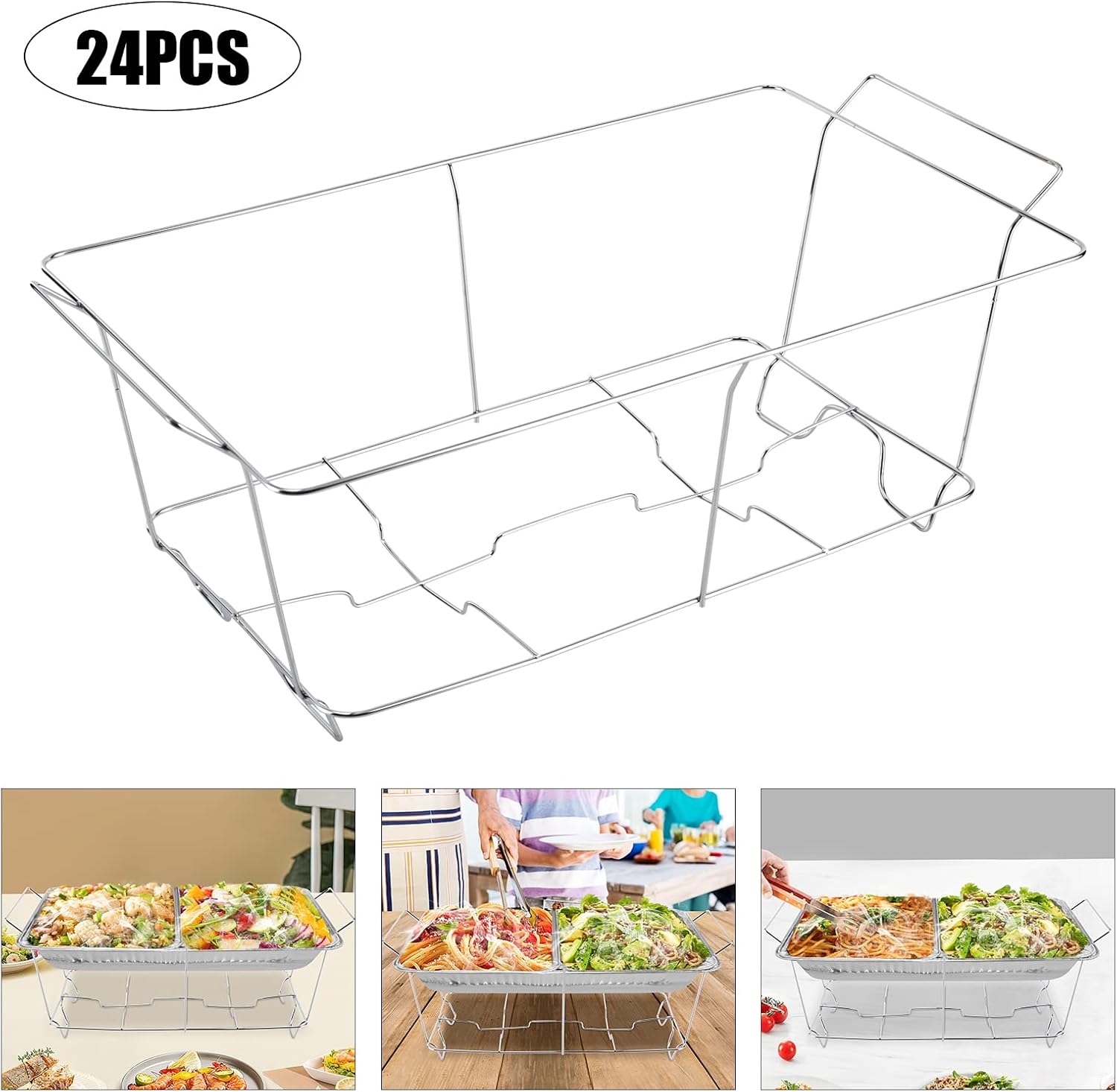 Paquete de 24 platos para bufé, estantes de alambre para rozar, soporte rectangular de tamaño completo, soporte apilable para rozar, marco cromado,