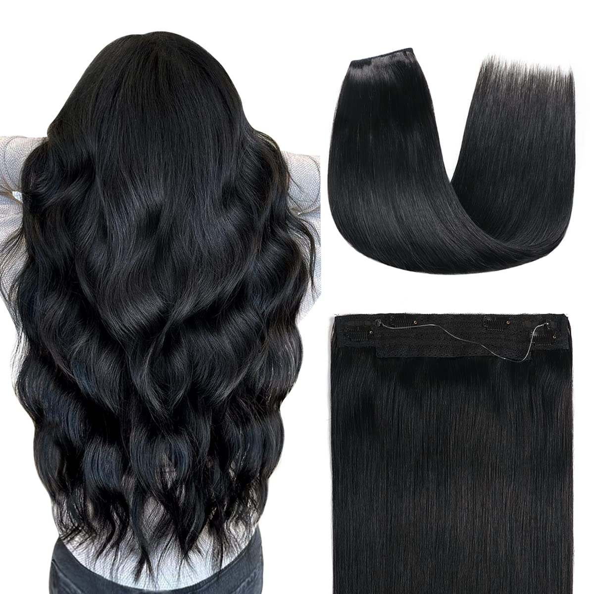 YILITE – Extensiones de cabello humano con alambre, color negro azabache #1, extensiones de cabello humano Remy de 12 pulgadas, 2.47 onzas (12