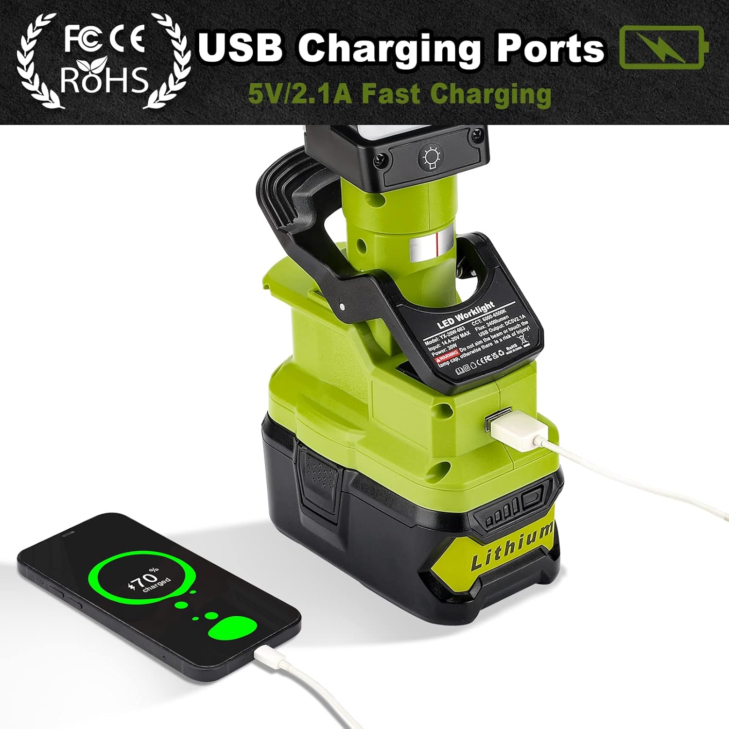 Taingwei Luz de trabajo LED de 2400LM con clip para batería Ryobi de 18 V, luz de inundación de 30 W para reparación de automóviles, camping,