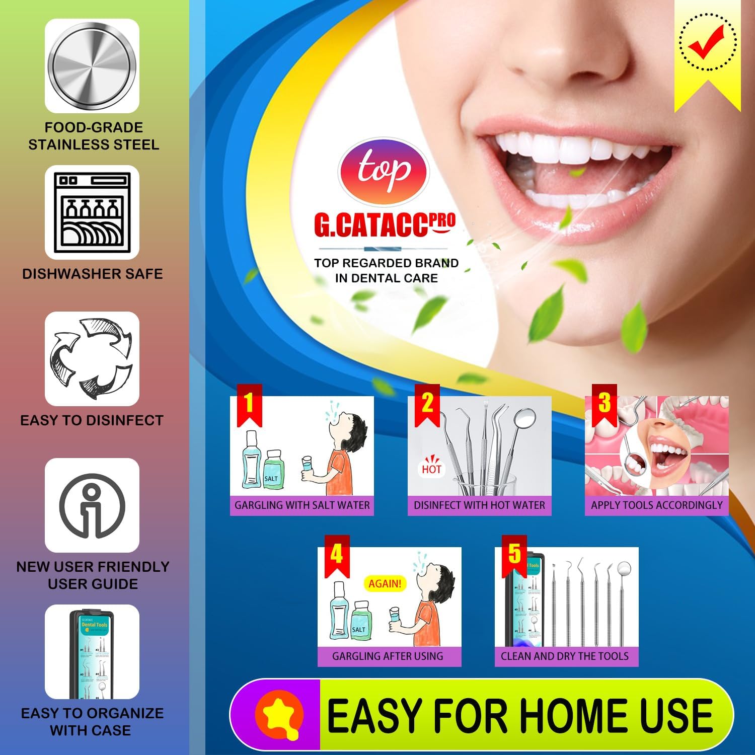 CATACC PRO Herramientas dentales, púa dental, kit de higiene dental, kit de herramientas de limpieza dental de acero inoxidable con raspador de