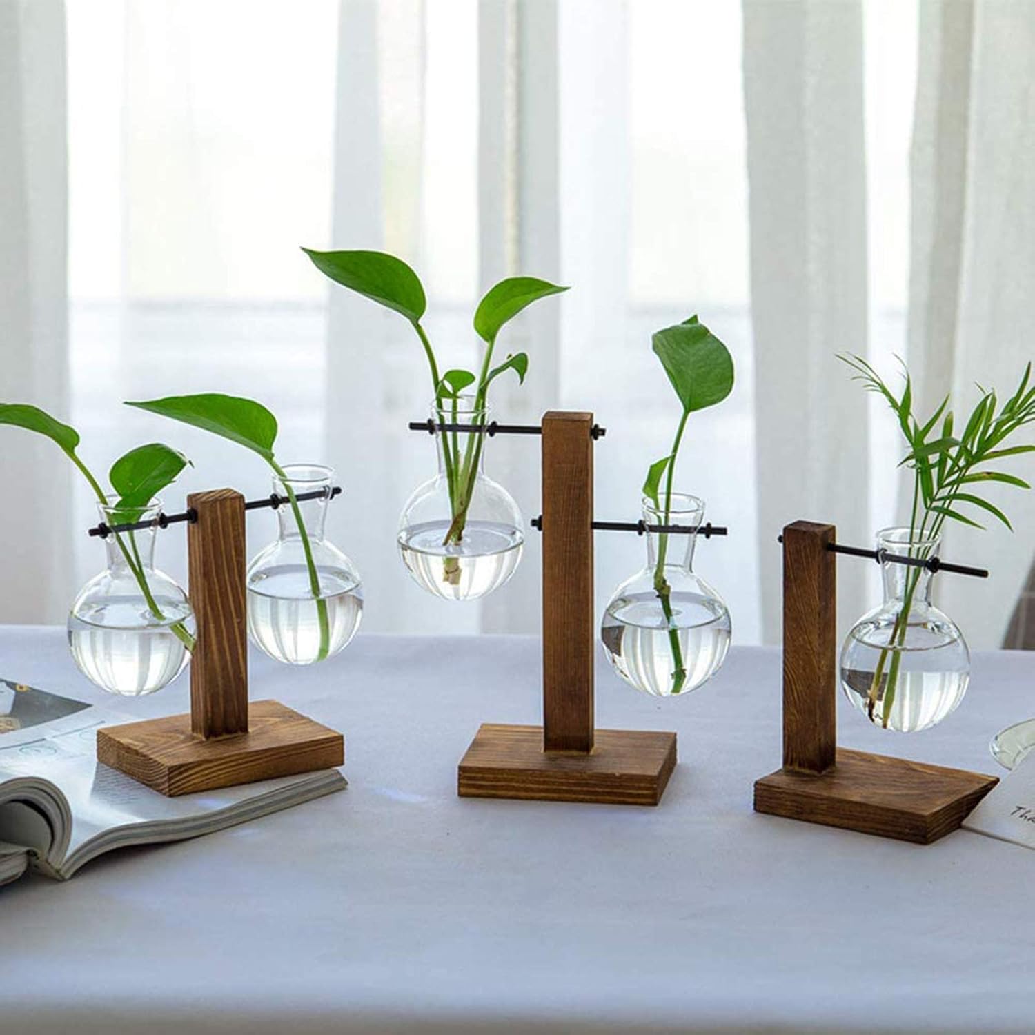 Jarrón de cristal para maceta, kit de terrario para plantas de escritorio con soporte de madera maciza retro para plantas hidropónicas, hogar,