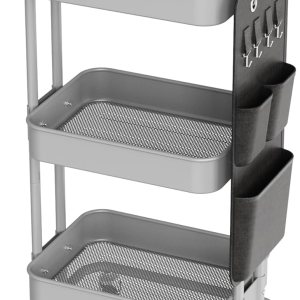 DTK Carrito de metal de 3 niveles con mesa y bolsas laterales, bandeja organizadora de almacenamiento, 4 ganchos para cocina, baño, oficina, sala de DTK Carrito de metal de 3 niveles con mesa y bolsas laterales, bandeja organizadora de almacenamiento, 4 ganchos para cocina, baño, oficina, sala de