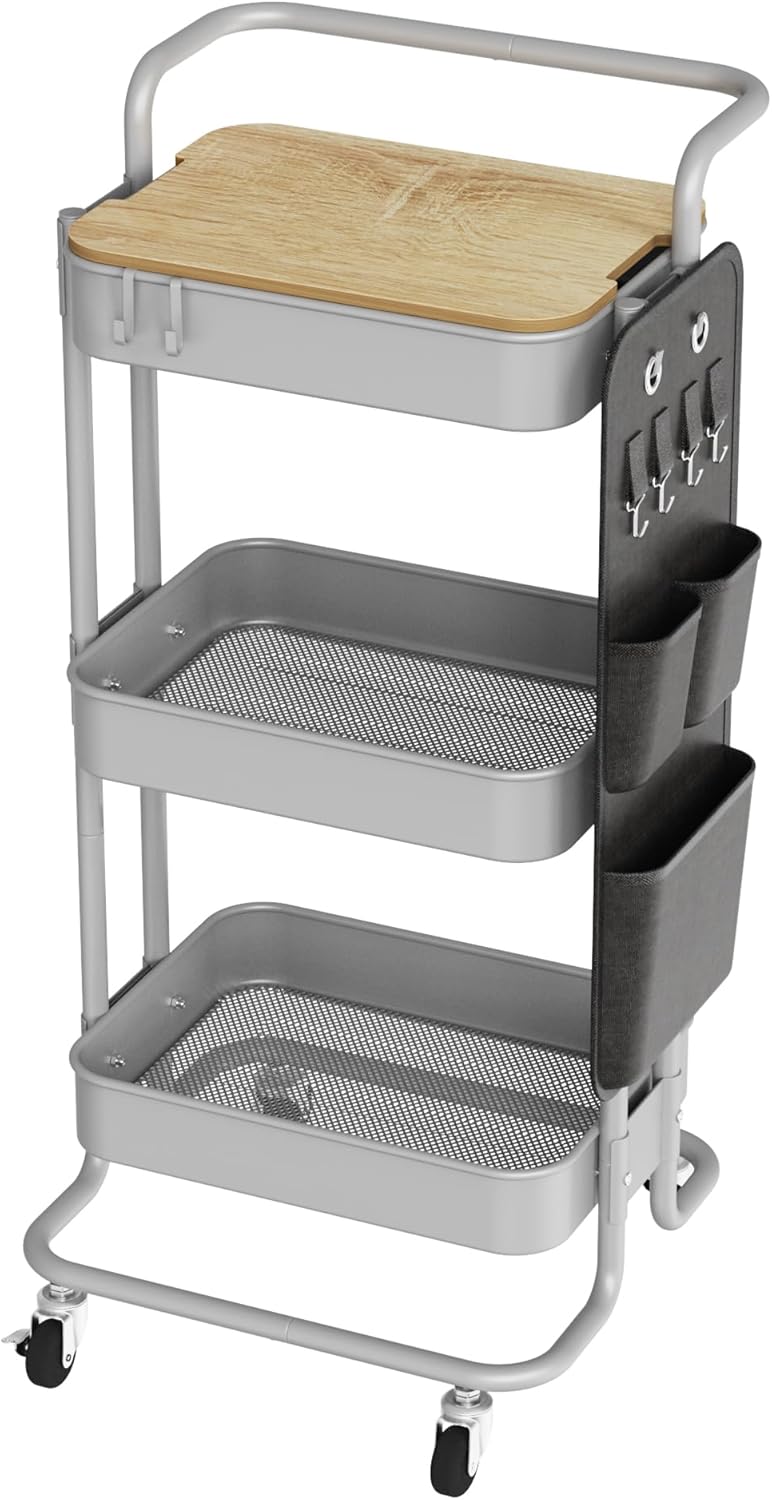 DTK Carrito de metal de 3 niveles con mesa y bolsas laterales, bandeja organizadora de almacenamiento, 4 ganchos para cocina, baño, oficina, sala de