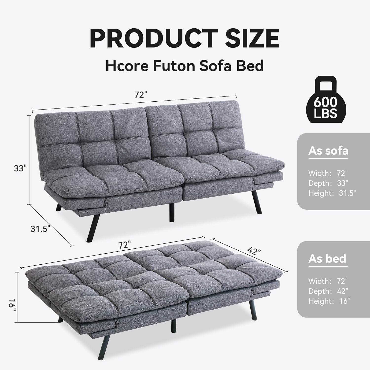 Hcore Juego de futón convertible, sofá pequeño de espuma viscoelástica de 3 pulgadas, sofá biplaza de espuma viscoelástica moderno, sofá pequeño