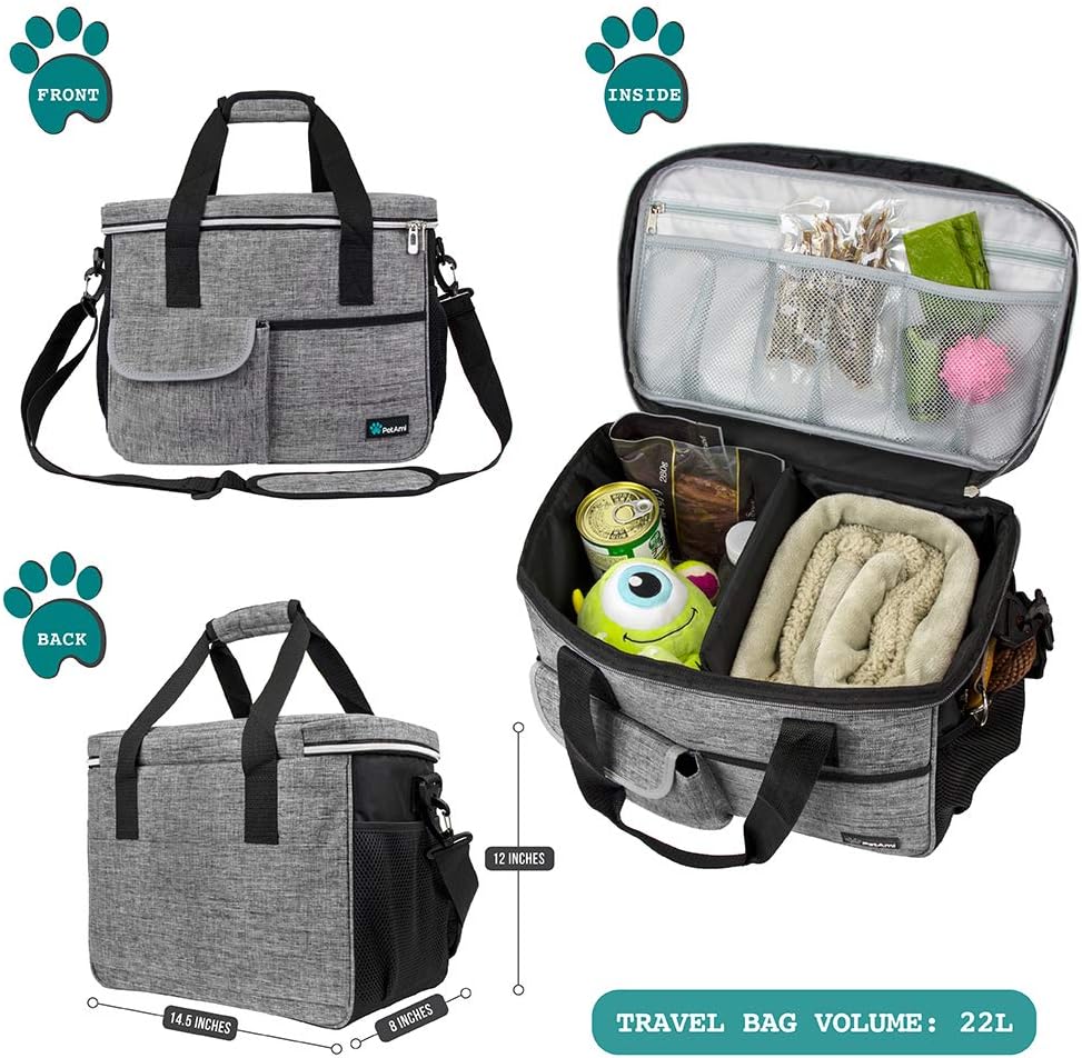 PetAmi Bolsa de viaje para perro, organizador de bolsa con bolsillos multifunción aprobado para aerolíneas, con bolsa contenedora de alimentos y