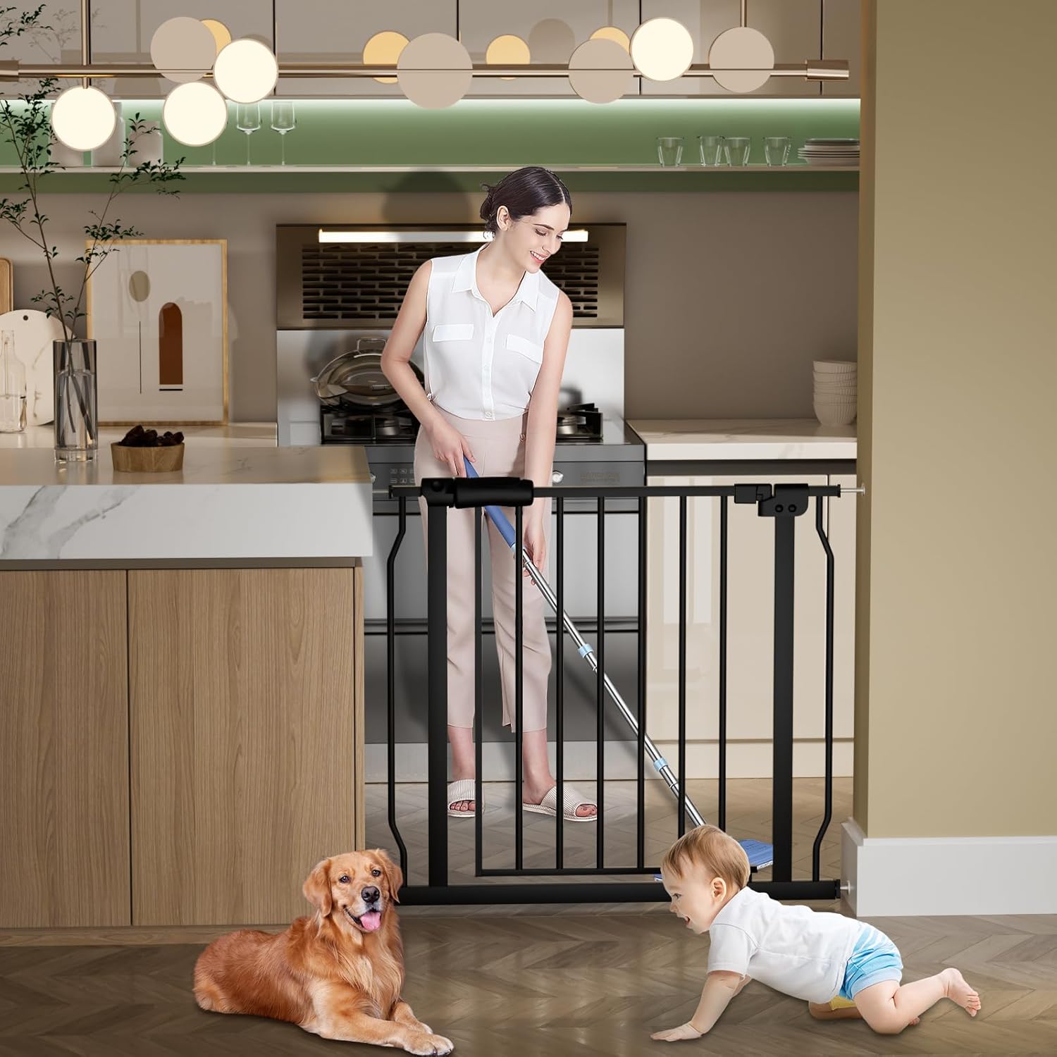 Puerta extra ancha para bebé, puertas extra anchas para perros, para escaleras, puertas, puertas de seguridad de metal negro, con montaje a presión,
