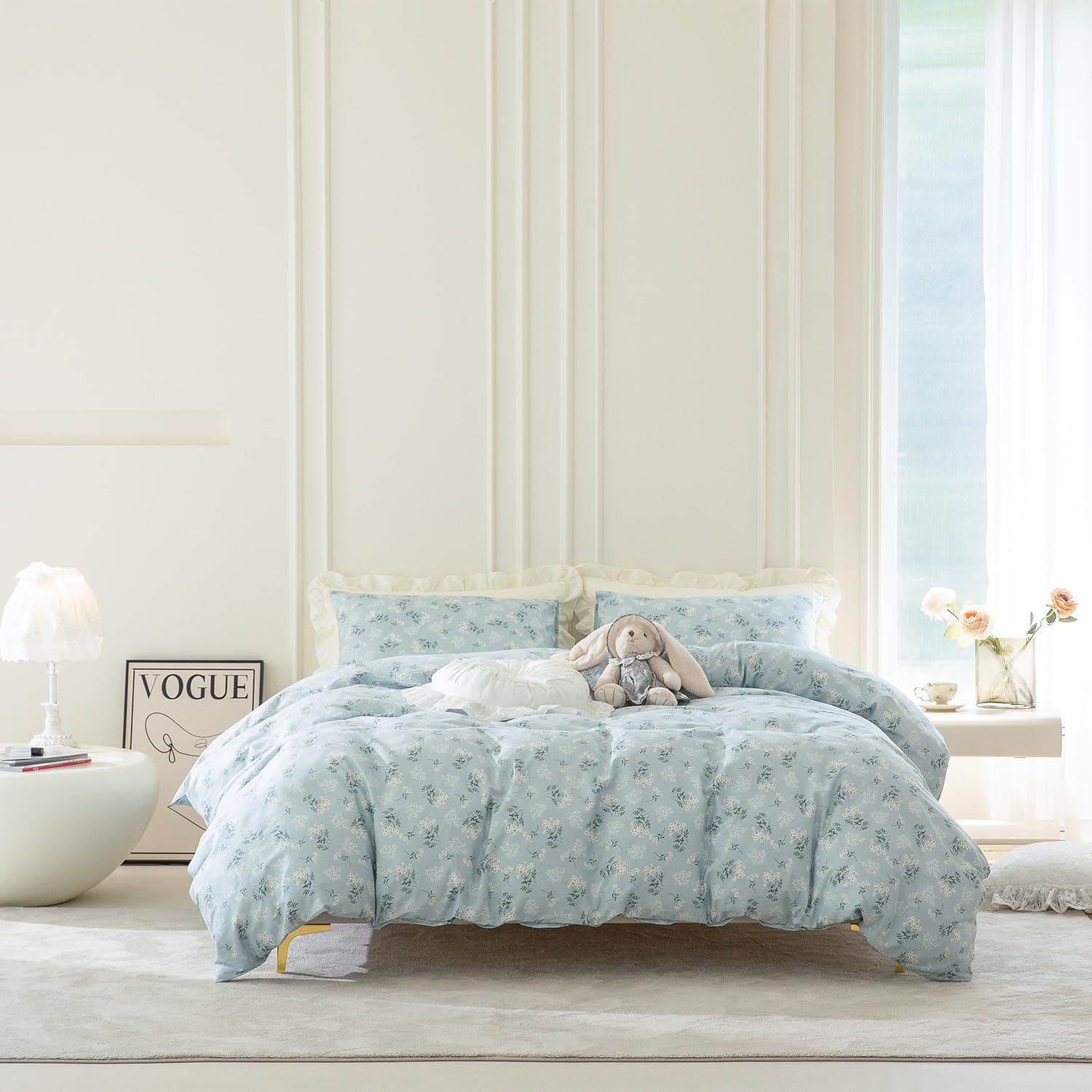 Juego de fundas de edredón tamaño Queen floral, 100% algodón, elegante juego de ropa de cama de flores tamaño Queen, 3 piezas, estilo jardín, azul y