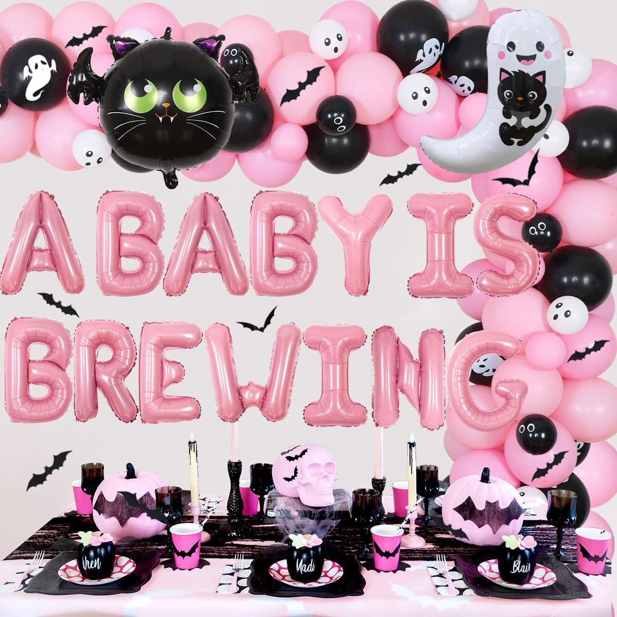 Decoraciones de Halloween para baby shower para niña  Un bebé está preparando globos rosa y negro, kit de arco de guirnalda de globos fantasma,