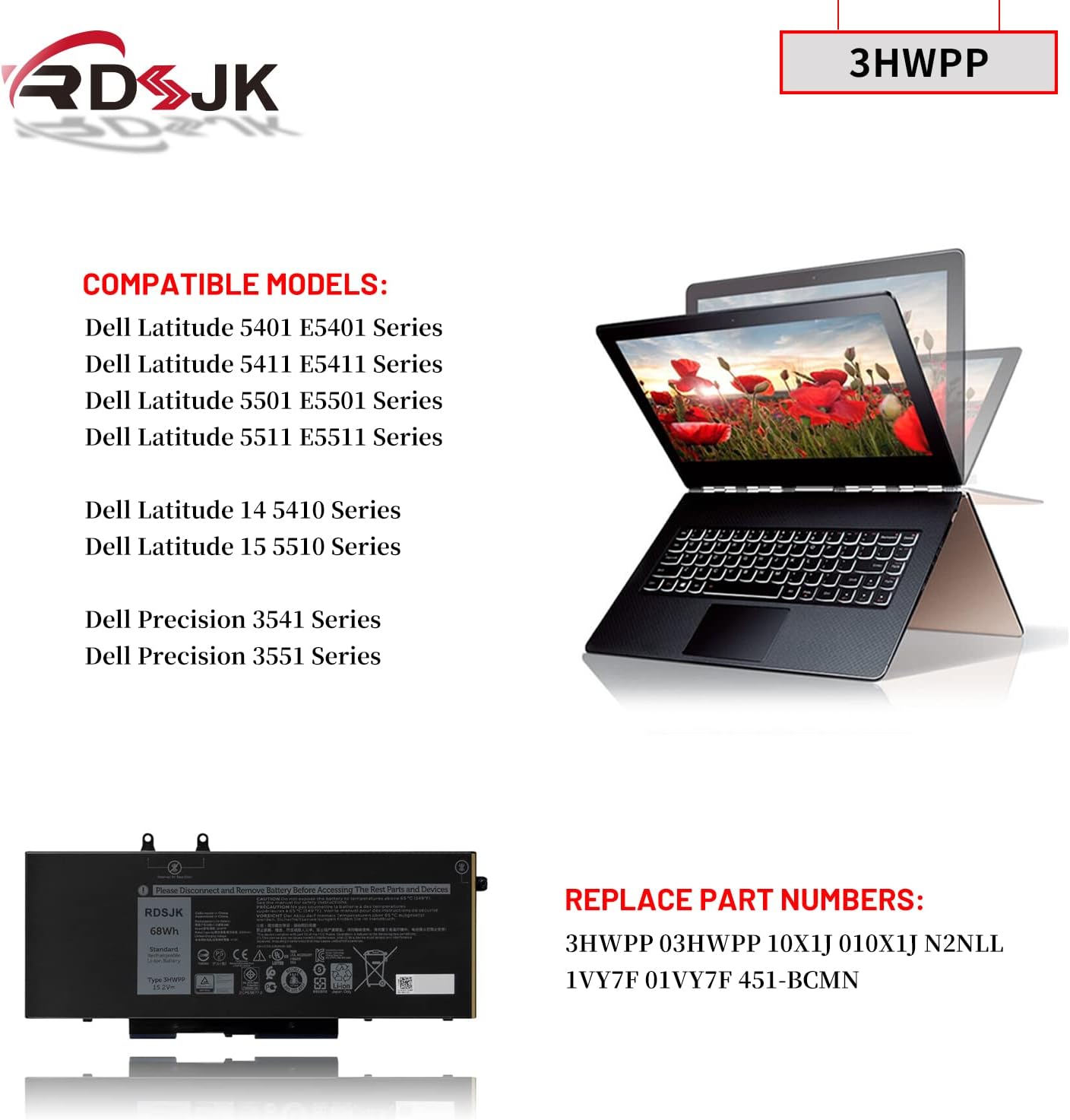 3HWPP – Batería para laptop Dell Precision 3541 3551 Latitude 5401 5410 5411 5501 5510 5511 Inspiron 17 7706 75007506 2 en 1 serie negra 03HWPP