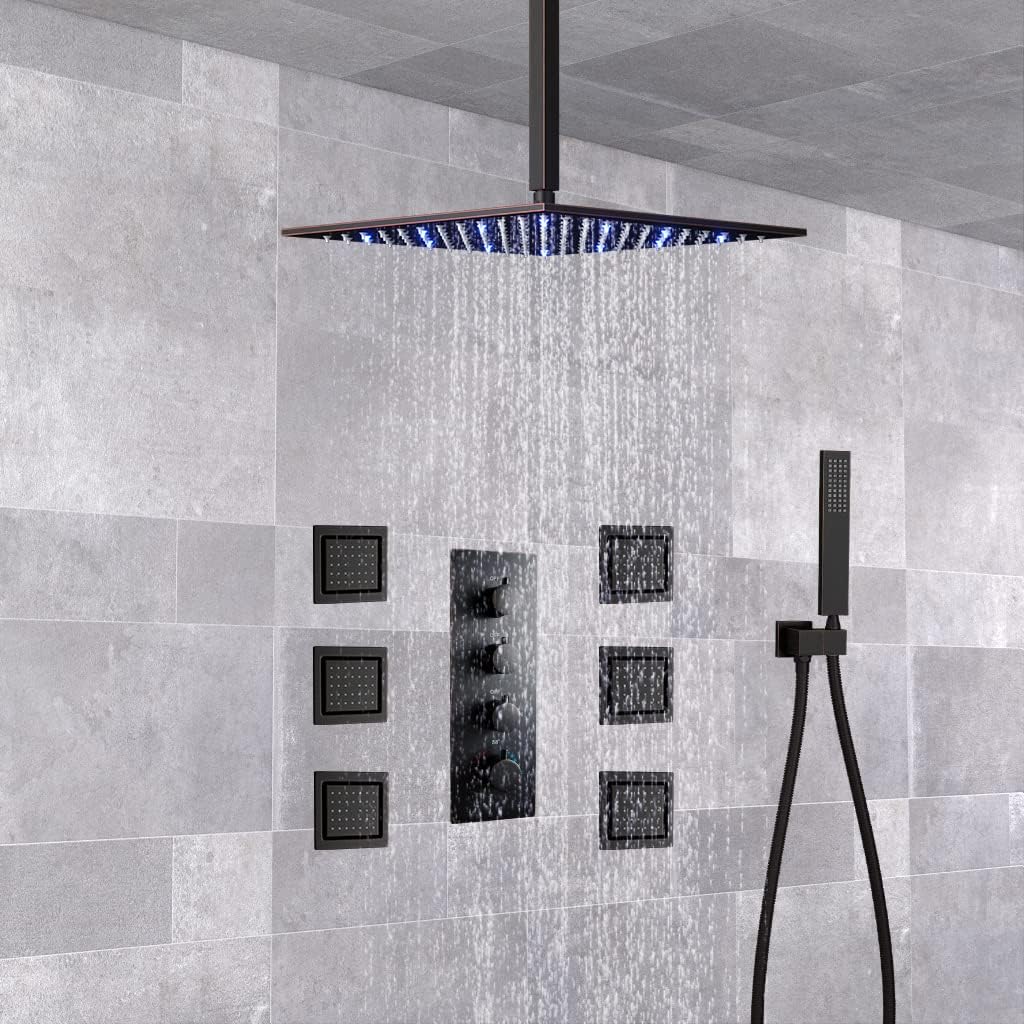 AYIVG Sistema de ducha de lluvia de bronce aceitado de 12 pulgadas con LED de montaje en el techo, con 6 chorros de ducha de cuerpo integrado,