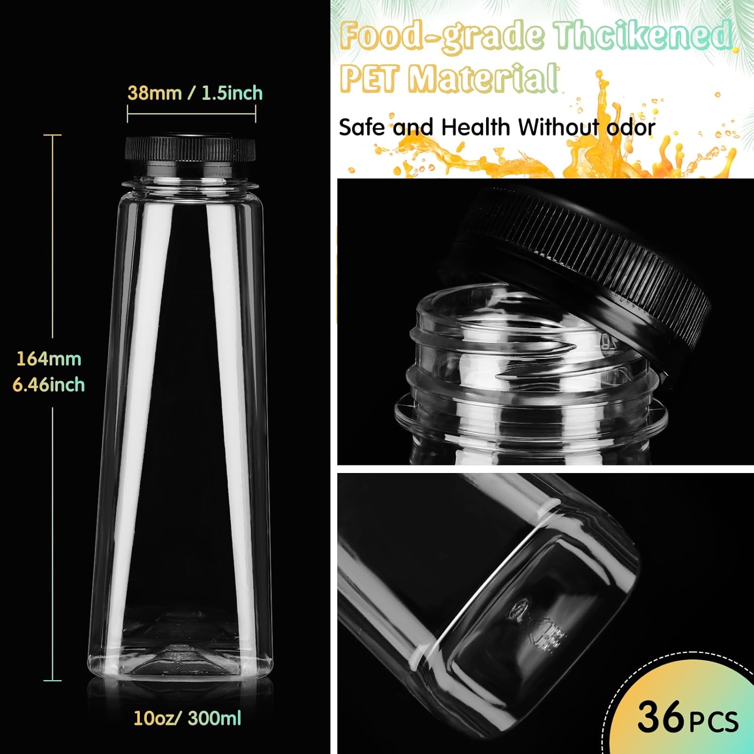 36 botellas de plástico para jugo, a granel con tapas, a prueba de fugas, reutilizables, botellas de agua transparentes vacías, recipientes de