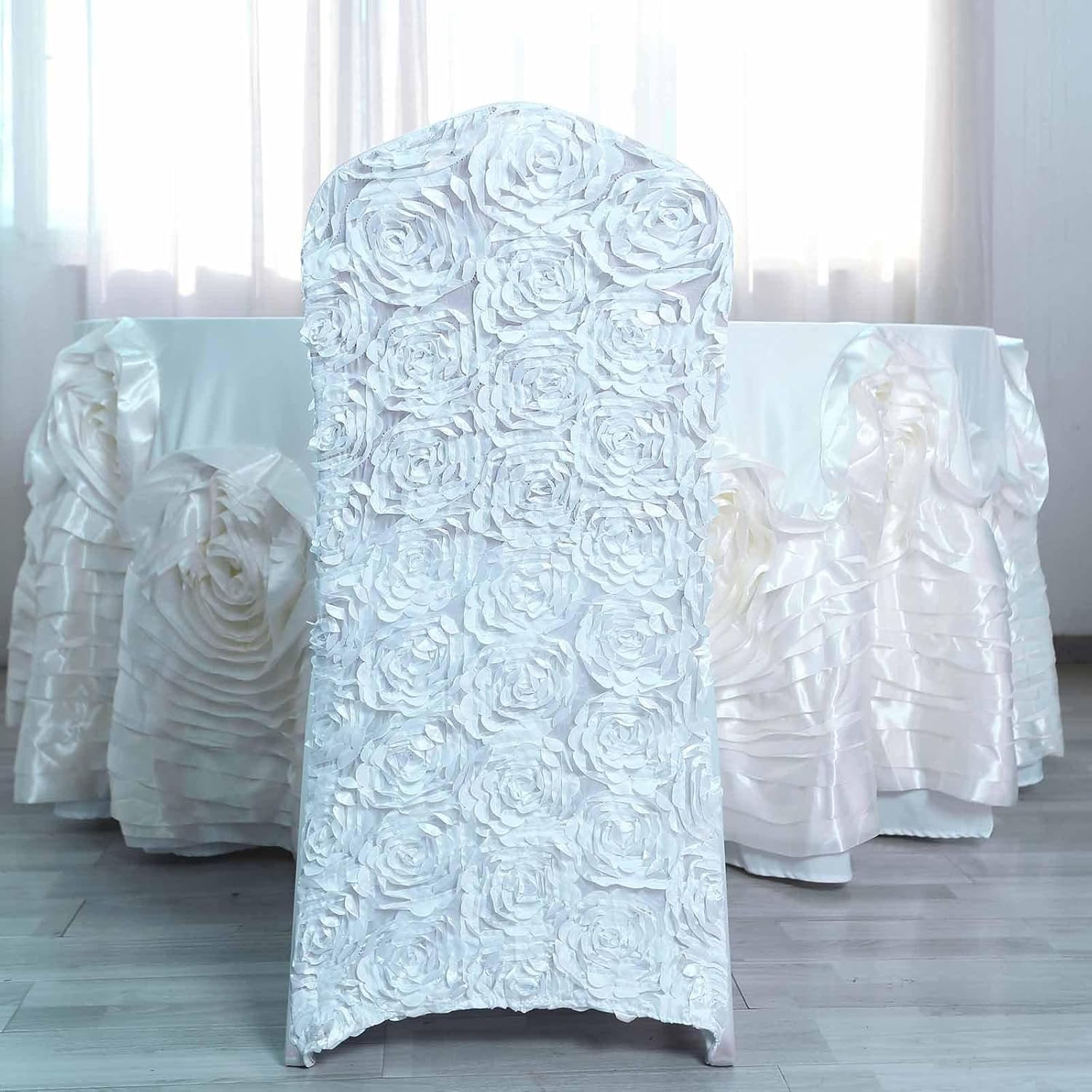 Efavormart – Juego de 40 fundas elásticas para sillas de banquetes de elastano, color blanco con roseta satinada, para banquetes de boda, catering