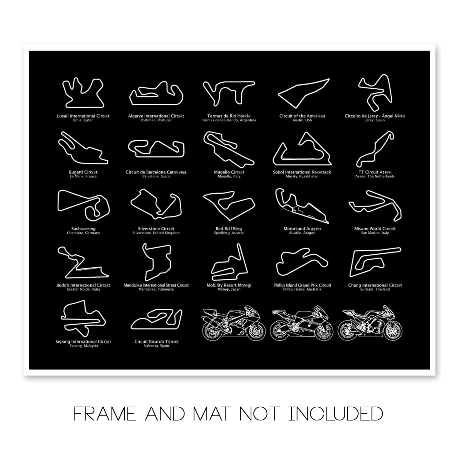 MotoGP Race Track Inspired Motorcycle Poster – Handmade Print of Motorcycle Racing Circuits 2024 – Landscape Black, 8×10″ Satin Print (Unframed) –