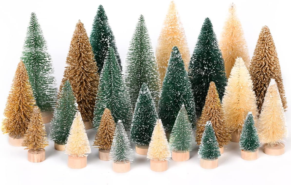 DDHS 24 mini árboles de Navidad artificiales, cepillo mejorado para botellas de 4 colores, árbol de Navidad con base de madera, sisal esmerilado