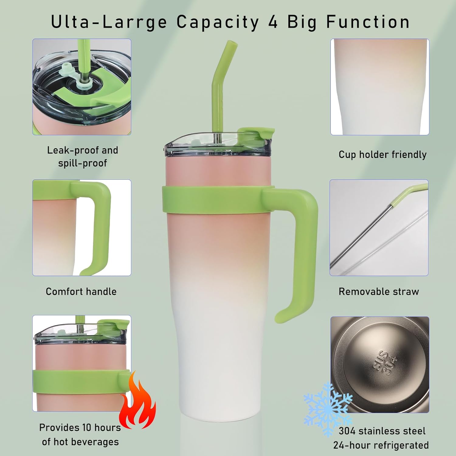 SEYGA – Vaso aislado de 40 onzas con asa  A prueba de derrames, taza de café de viaje para automóvil, botella de agua para deportes, oficina, bebida