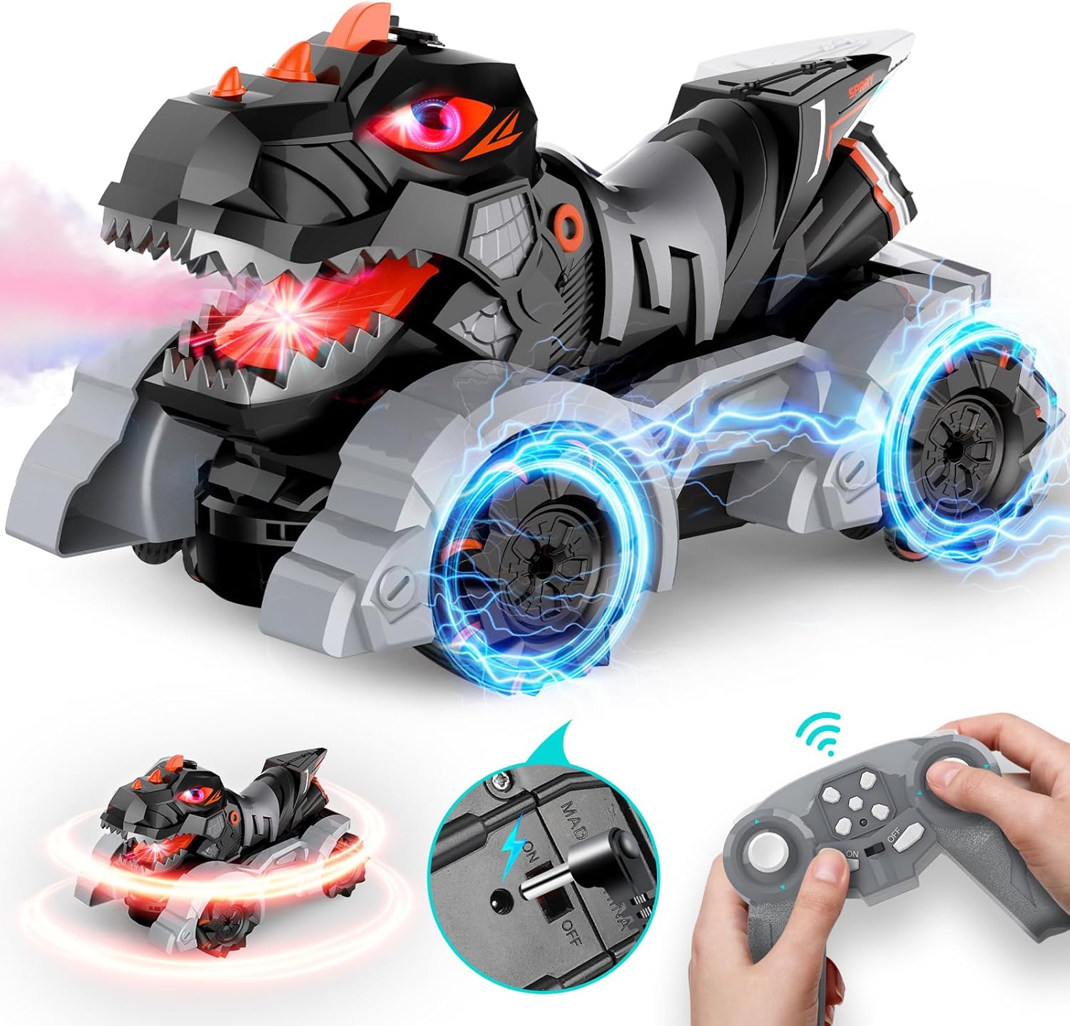 Autos RC Juguetes de dinosaurio, 114, 2.4 GHz, auto de control remoto, camiones monstruos con música ligera y aerosol, 1200 mAh recargable RC
