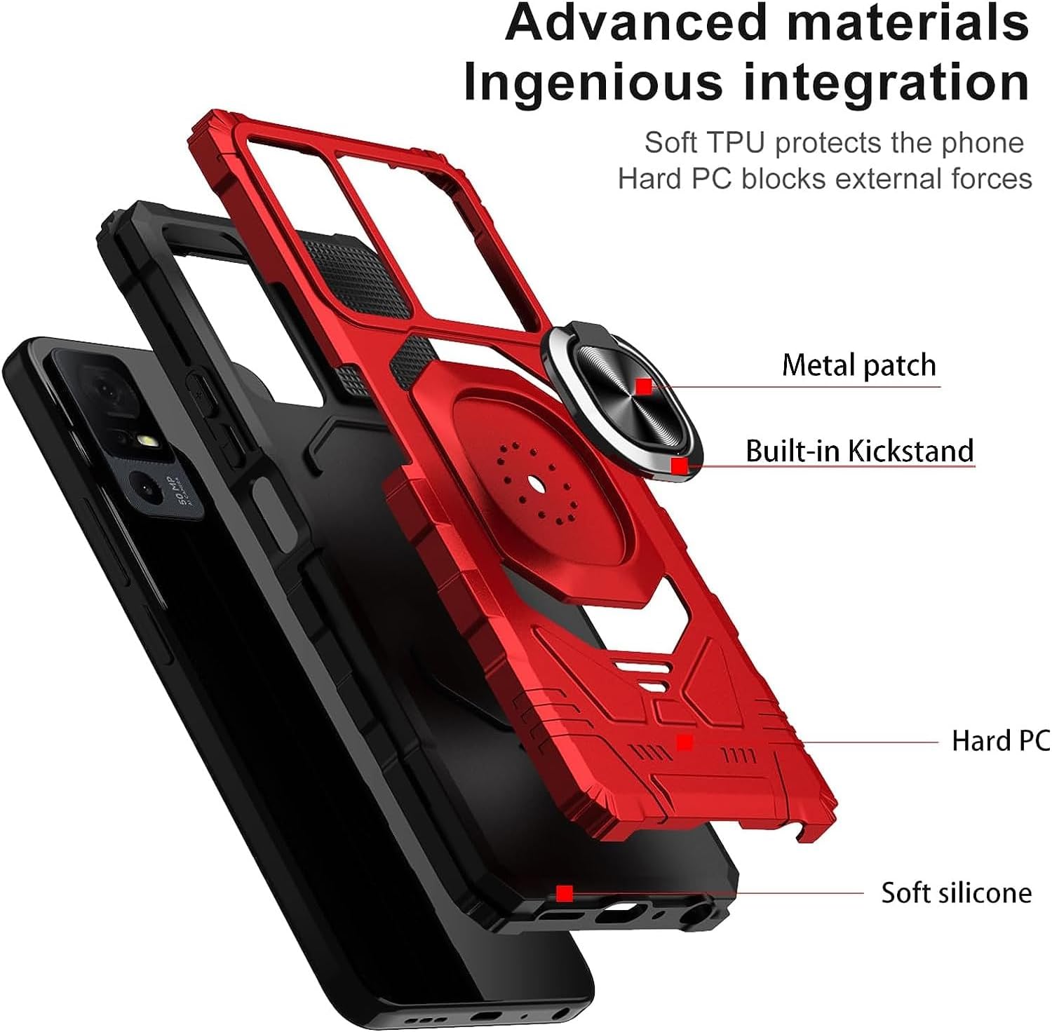 TJS Funda compatible con TCL 40 XL, TCL 40 T T608DL, Lively Jitterbug Smart4, con protector de pantalla de vidrio templado, soporte de metal