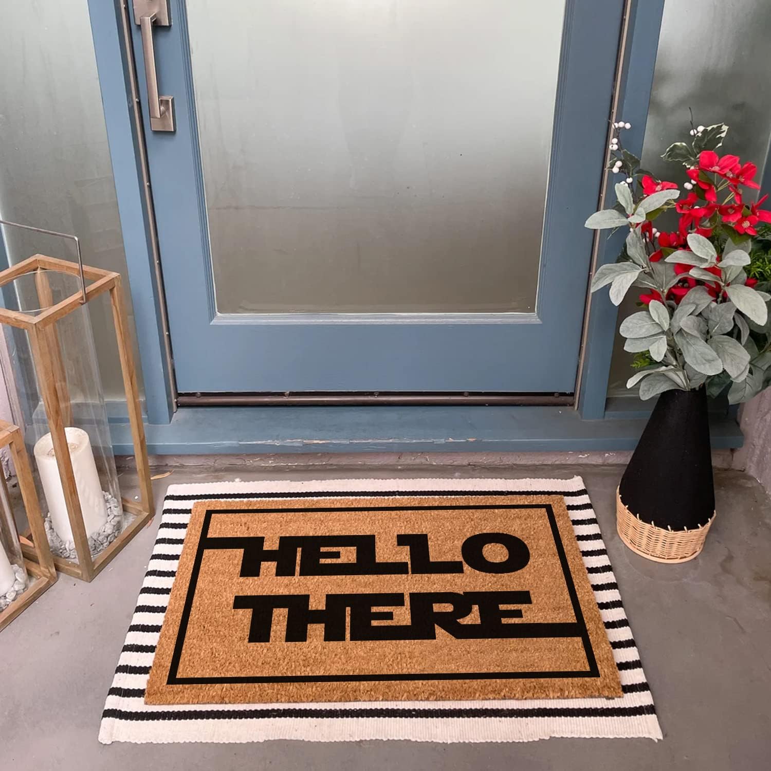 Tapete divertido de fibra de coco con texto en inglés Hello There Welcome Front Porche para la entrada al aire libre, personalizado, parte trasera