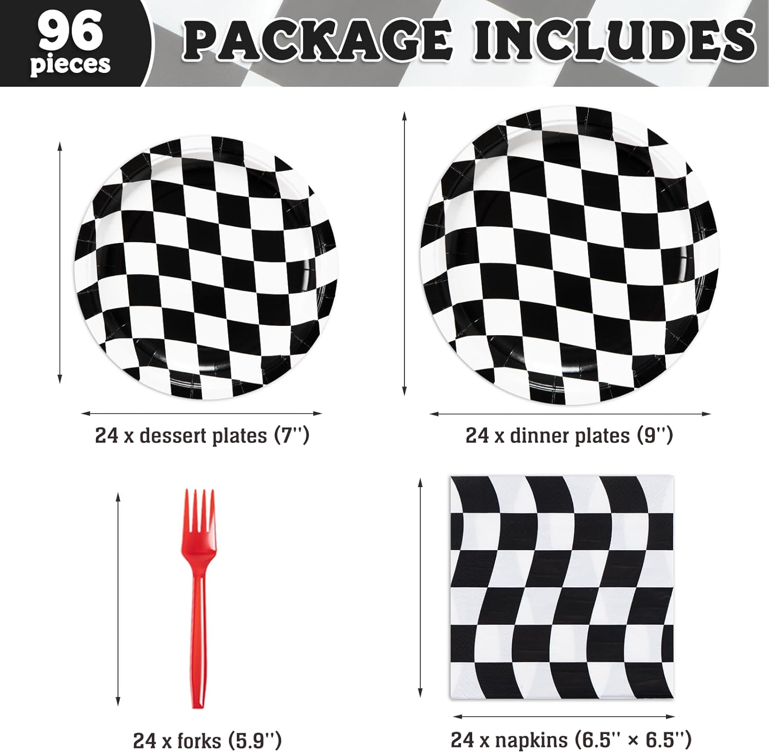 DECORLIFE 96 piezas de suministros de fiesta de bandera a cuadros, platos y servilletas a cuadros en blanco y negro para 24, decoración de fiesta de