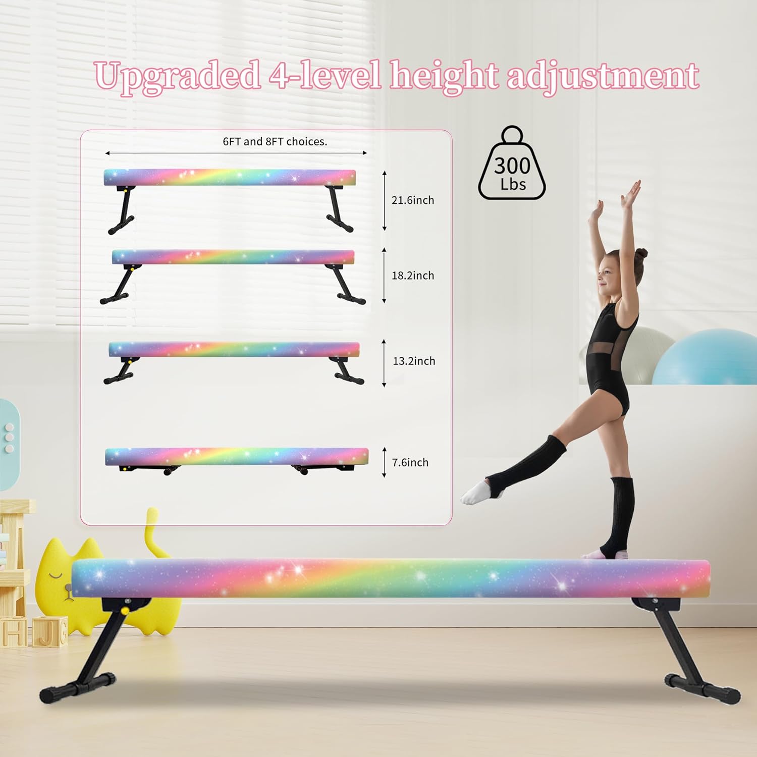 EL&ITWings Haz de equilibrio de gimnasia de 8 pies, haz de piso ajustable de nivel alto y bajo, altamente estable, equipo de entrenamiento de