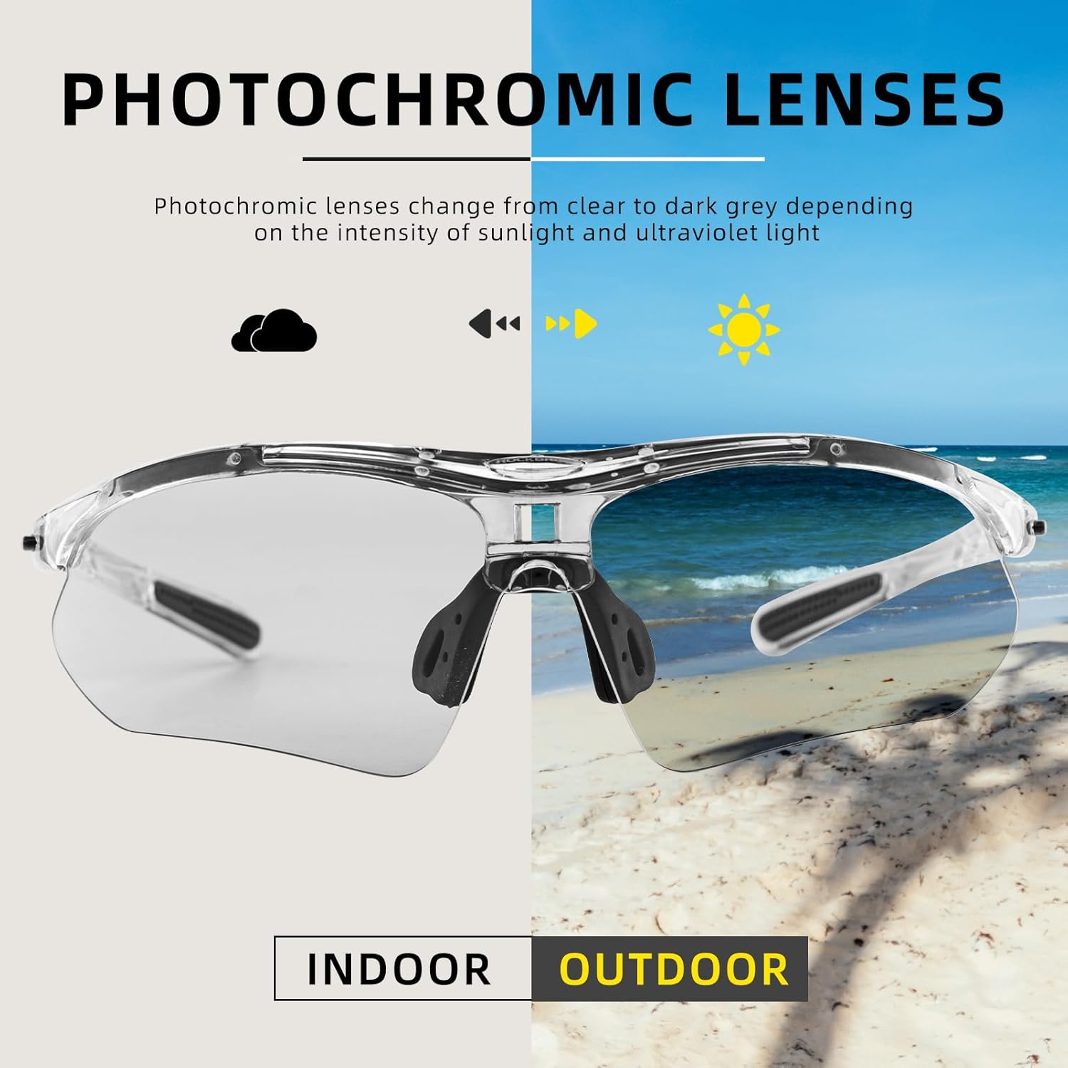 ROCKBROS Gafas de sol deportivas fotocromáticas para hombre, gafas de sol de ciclismo MTB, con banda elástica extraíble